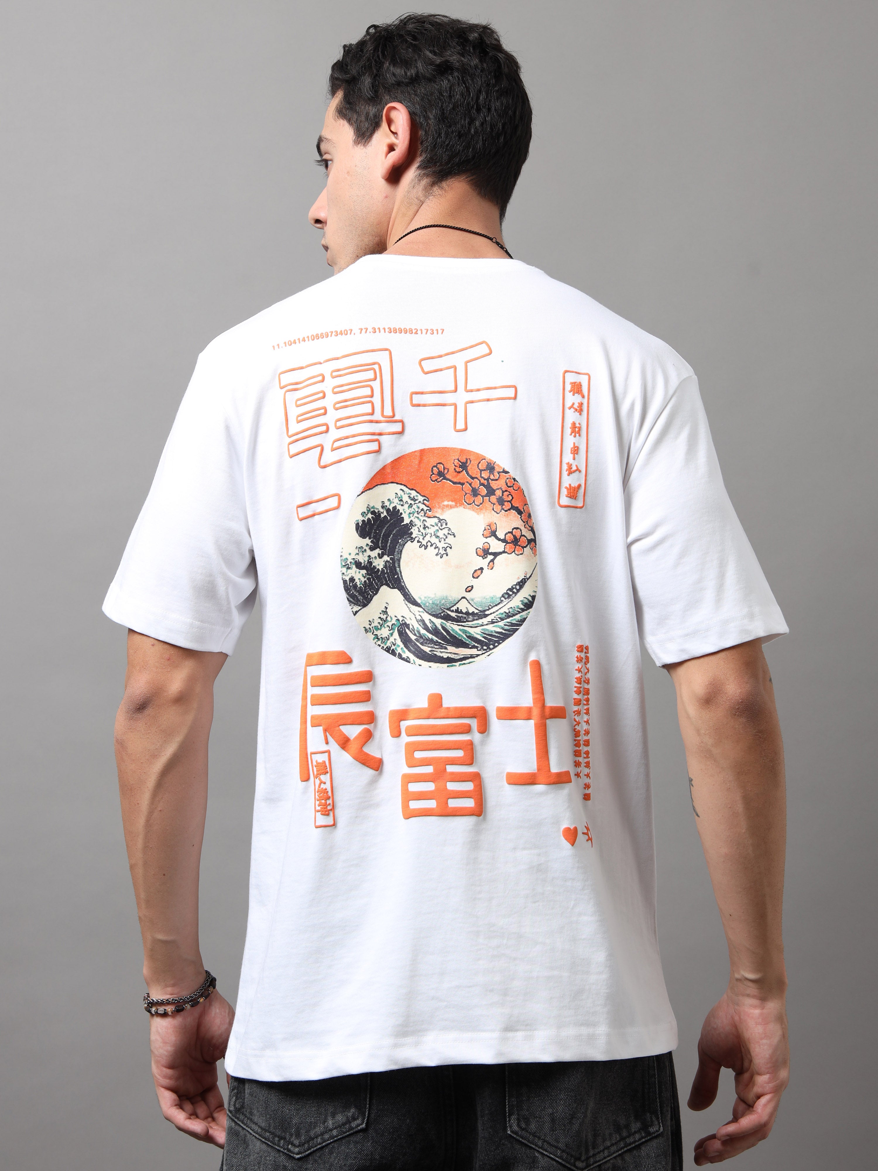 ARDEUR Men Graphic Printed Relaxed Fit Drop Shoulder T-Shirt - White