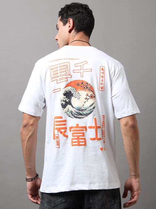 men's oversized t-shirt - ARDEUR Men Graphic Printed Relaxed Fit Drop Shoulder T-Shirt - White, styling view