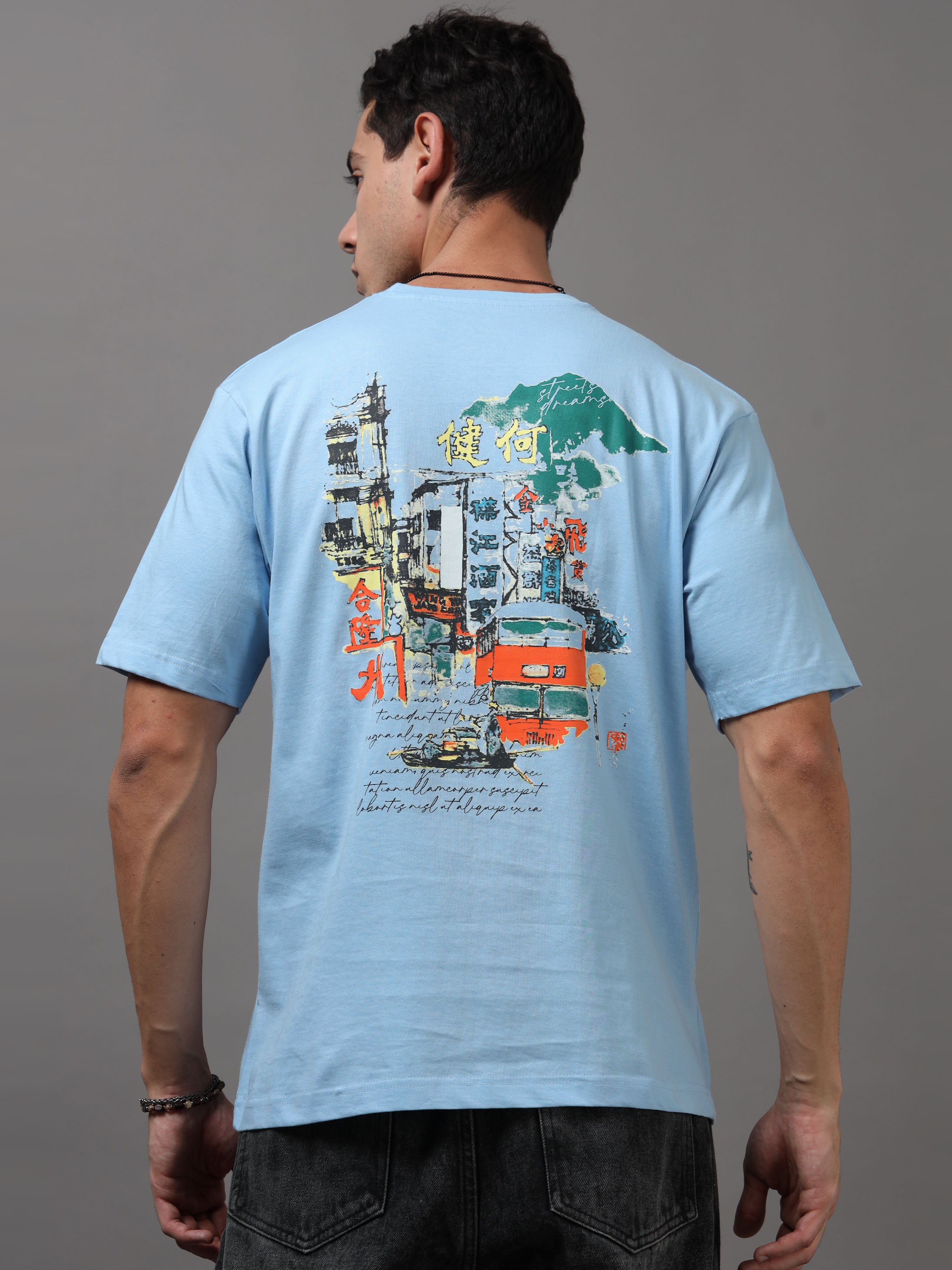 ARDEUR Men Graphic Printed Relaxed Fit Drop Shoulder T-Shirt - Sky Blue-2