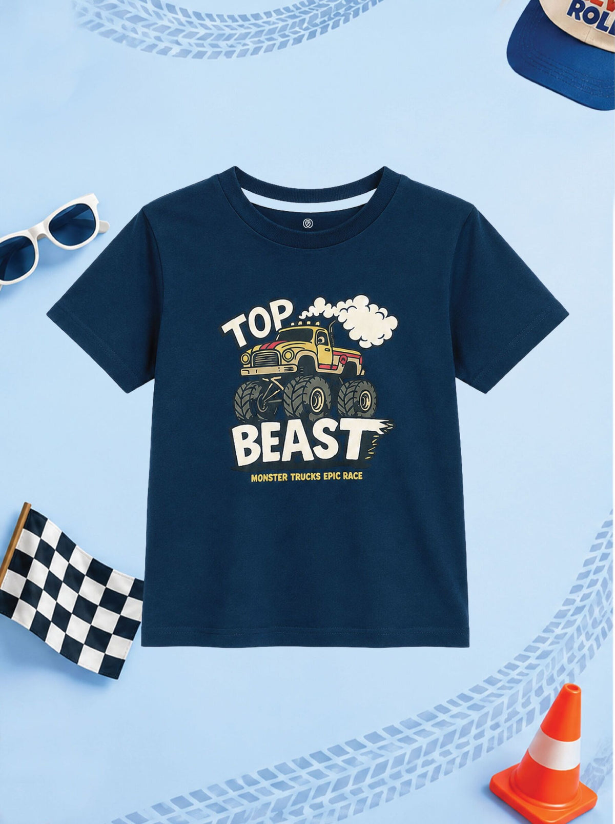 CODEZ Boys Estate Blue Pure Cotton Top Beast Monster Truck Graphic Relaxed Fit T-Shirt