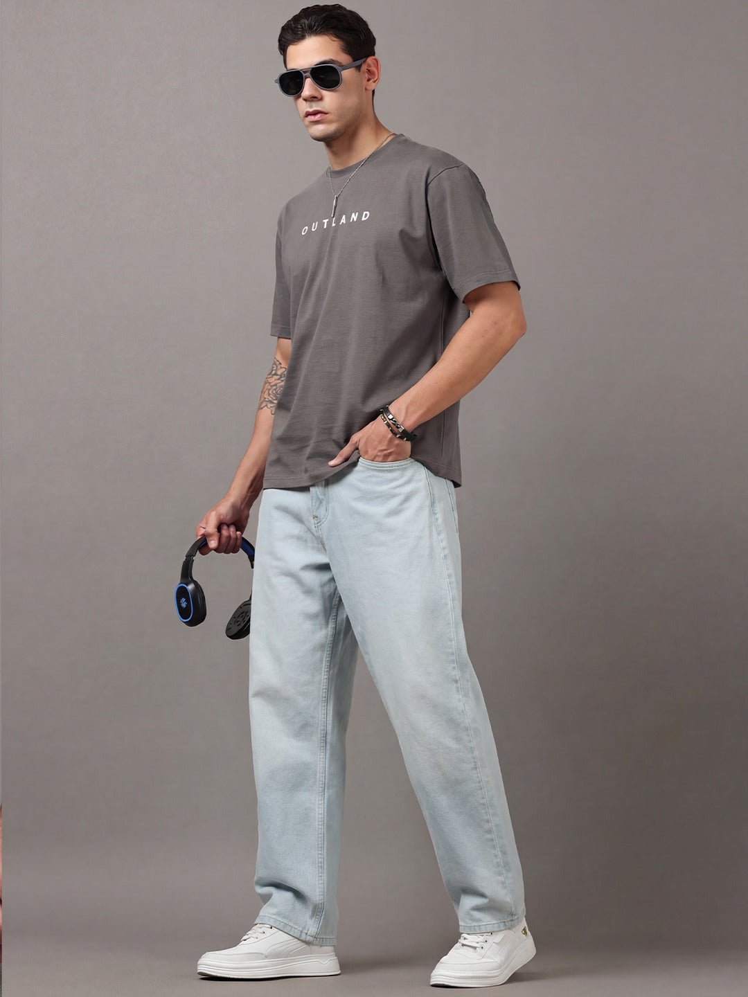 ARDEUR Men Printed Relaxed Fit Drop Shoulder T-Shirt - Grey-2