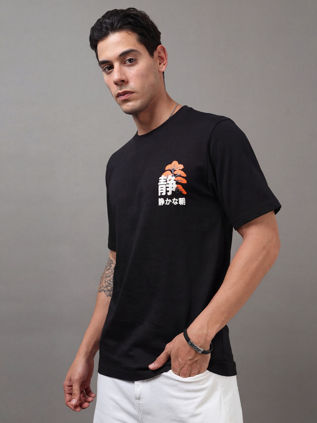 ARDEUR Men Printed Relaxed Fit Drop Shoulder T-Shirt - Black