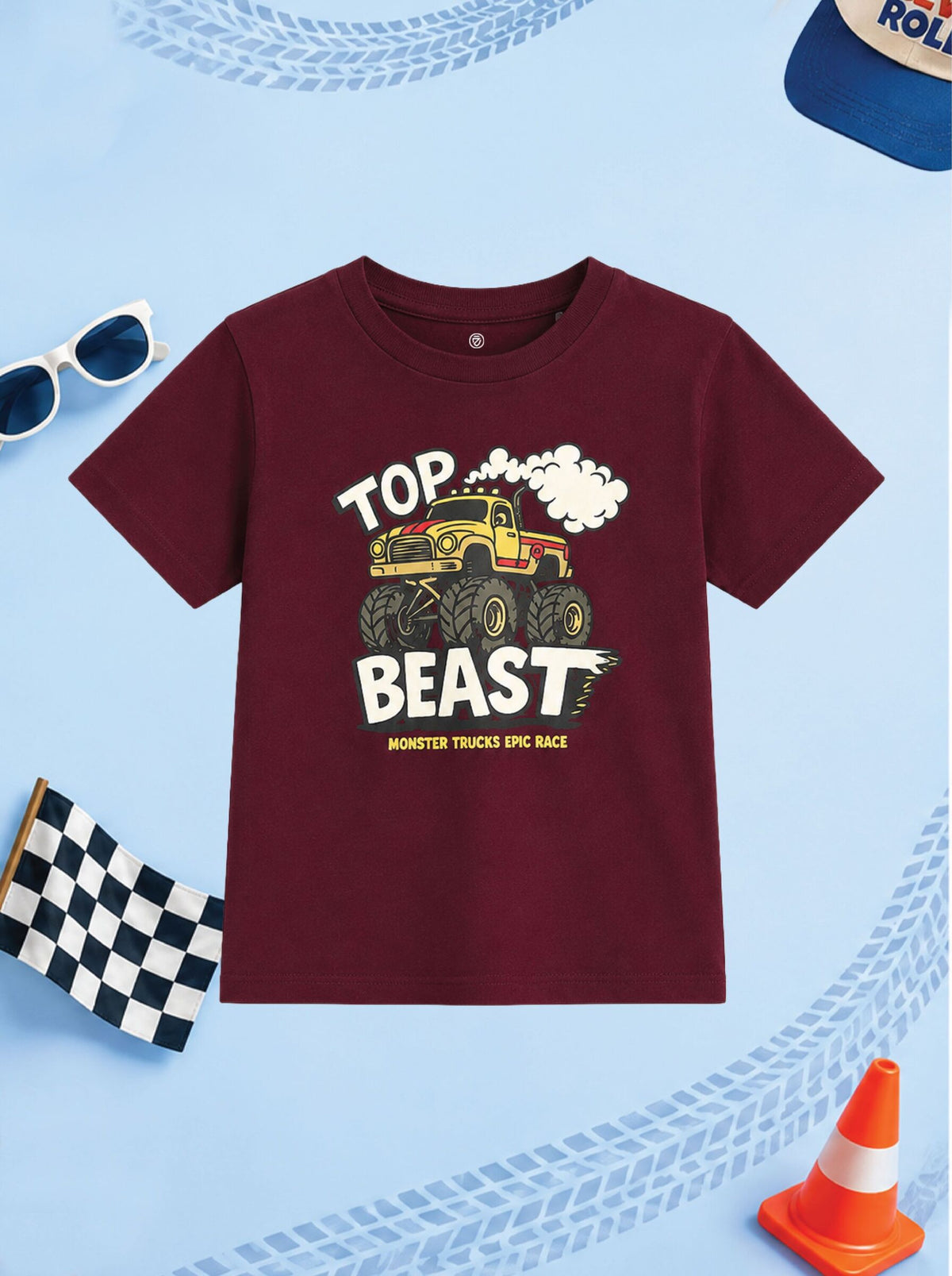 CODEZ Boys Tawny Port Pure Cotton Top Beast Monster Truck Graphic Relaxed Fit T-Shirt