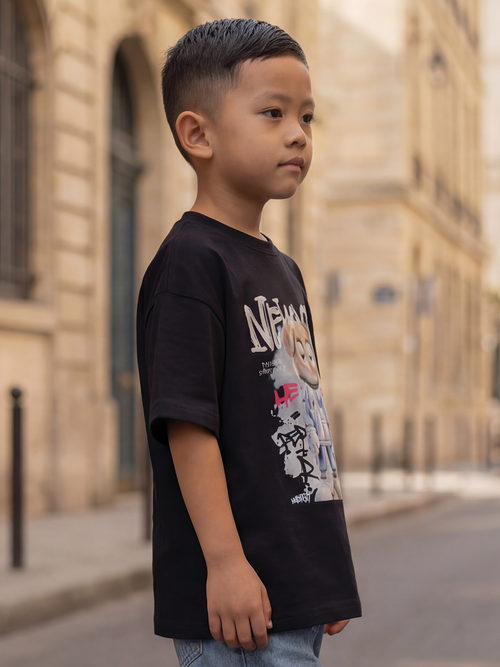 CODEZ Boys Black Graphic Print Relaxed Fit Drop Shoulder T-Shirt