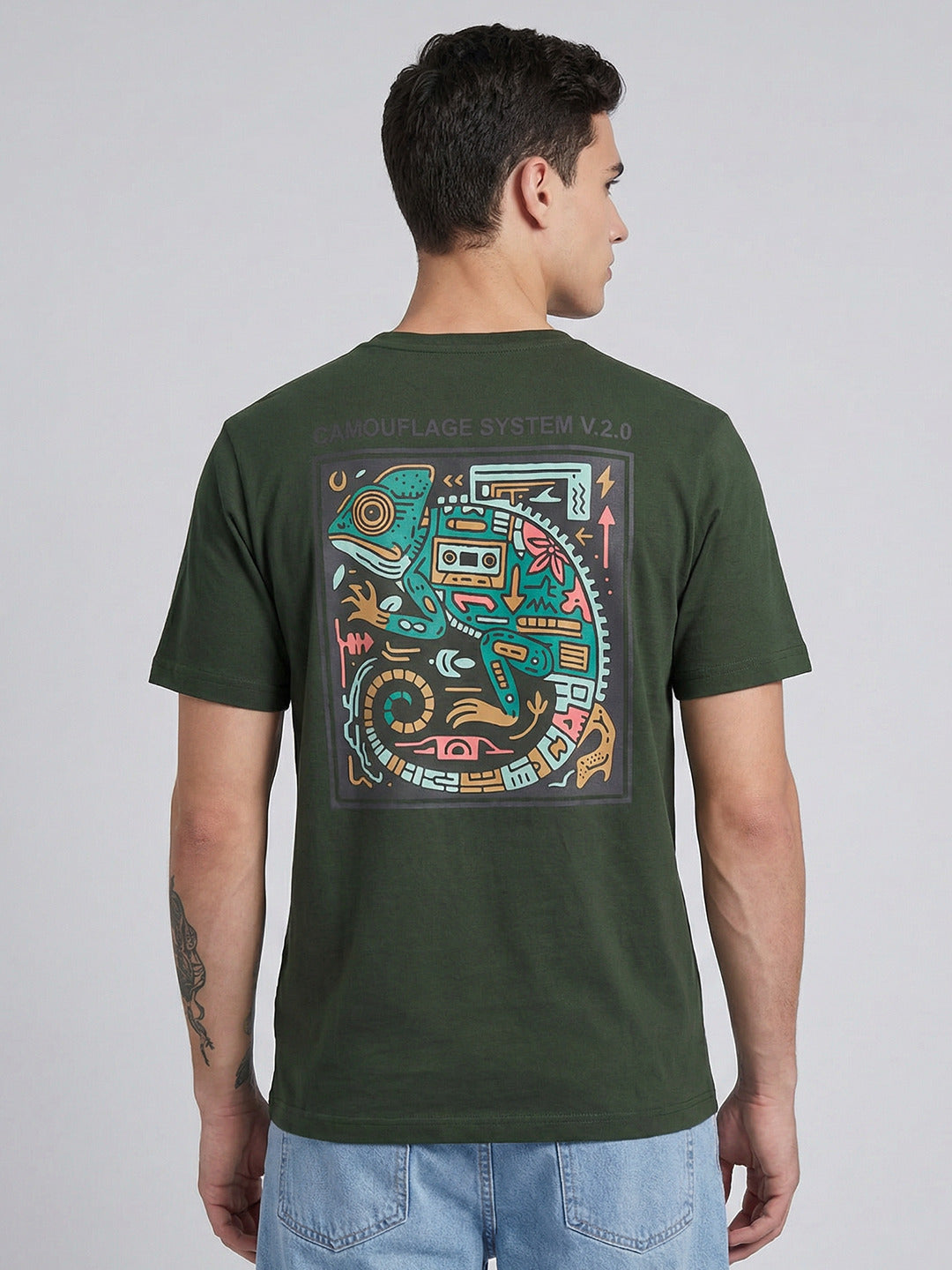 ARDEUR Men Graphic Printed Relaxed Fit Drop Shoulder T-Shirt - Olive