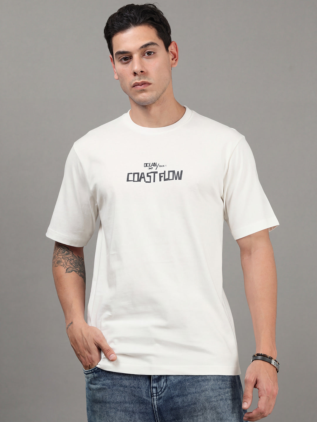 ARDEUR Men Printed Relaxed Fit Drop Shoulder T-Shirt - Off White-4