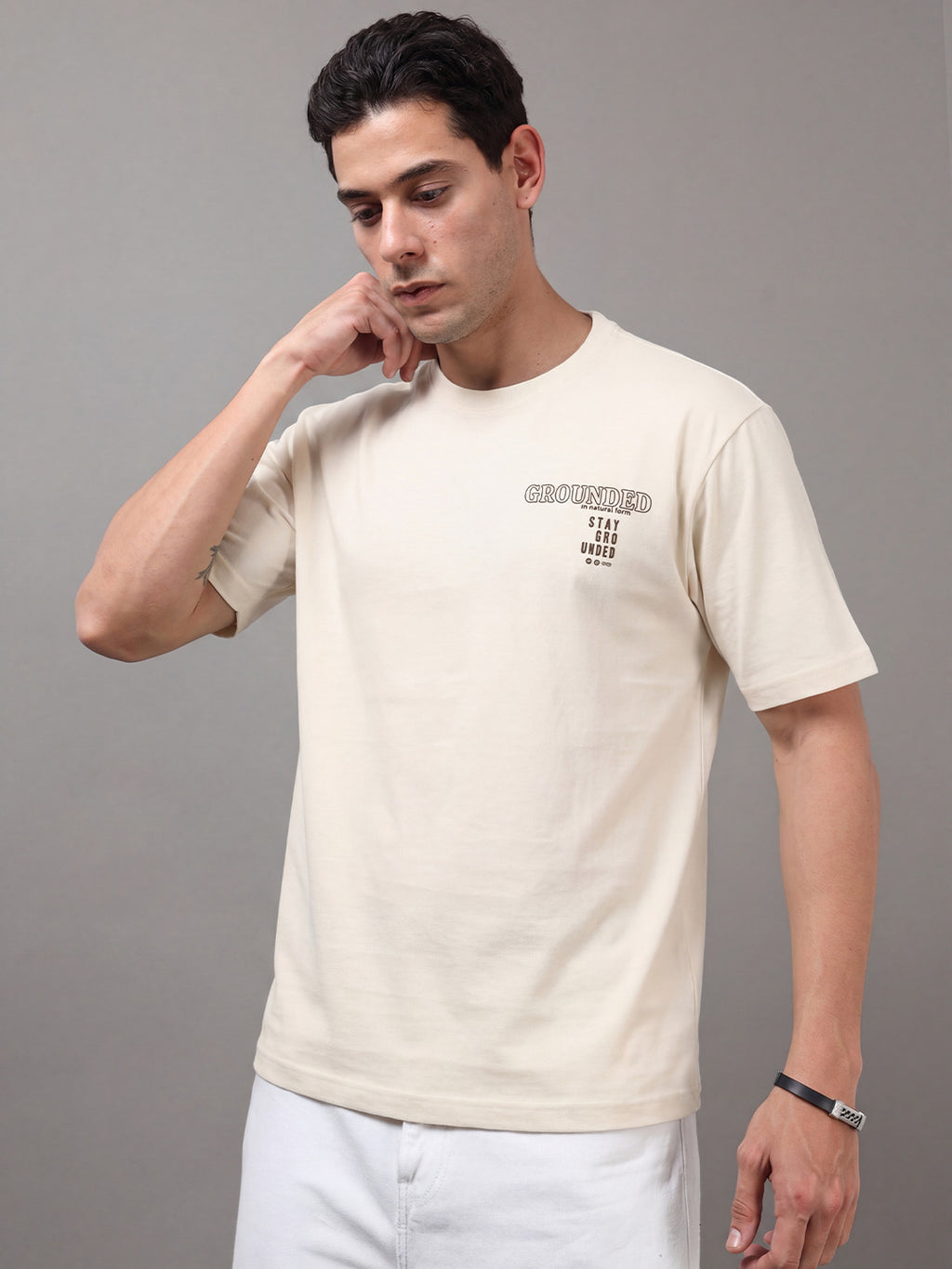 ARDEUR Men Printed Relaxed Fit Drop Shoulder T-Shirt - Off White-3