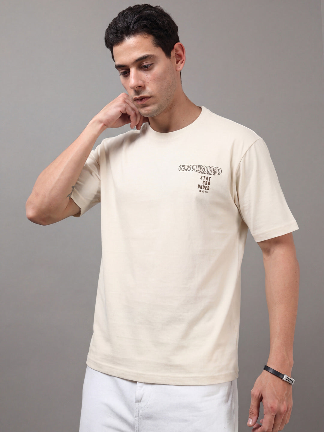 ARDEUR Men Printed Relaxed Fit Drop Shoulder T-Shirt - Off White-3