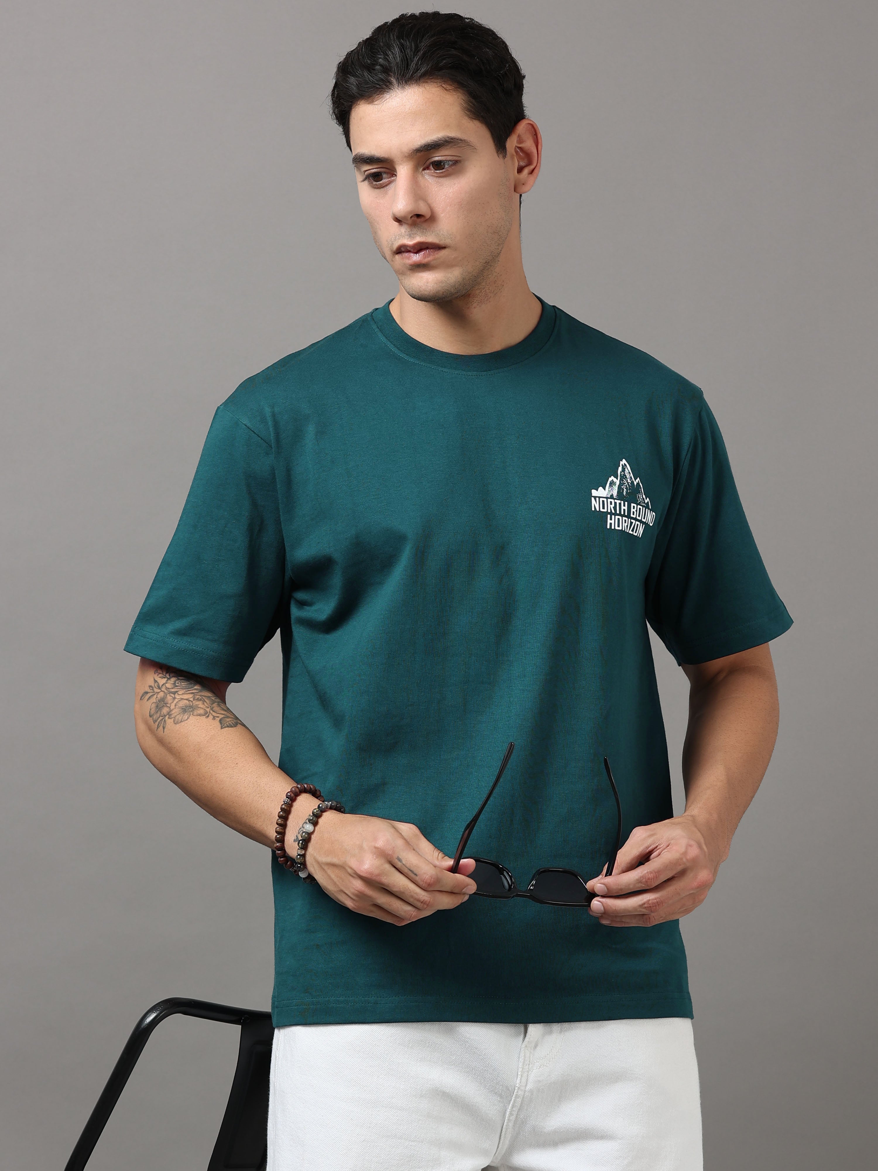 ARDEUR Men Printed Relaxed Fit Drop Shoulder T-Shirt - Bottle Green-3