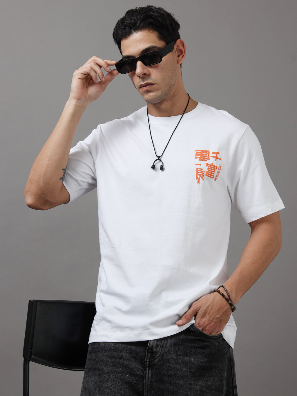 ARDEUR Men Graphic Printed Relaxed Fit Drop Shoulder T-Shirt - White