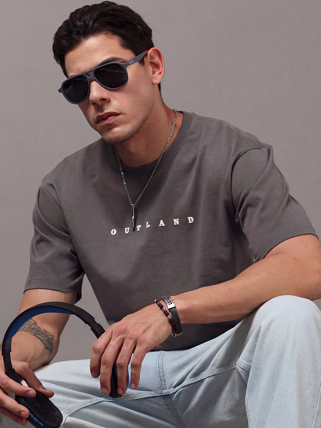 ARDEUR Men Printed Relaxed Fit Drop Shoulder T-Shirt - Grey-2