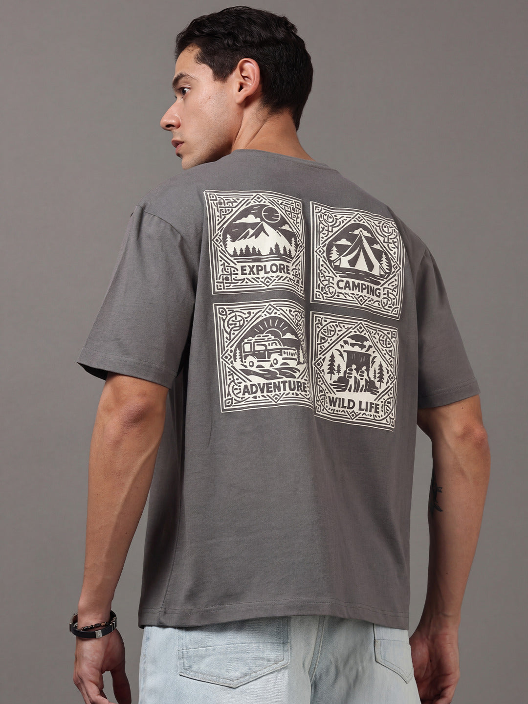 ARDEUR Men Printed Relaxed Fit Drop Shoulder T-Shirt - Grey-2