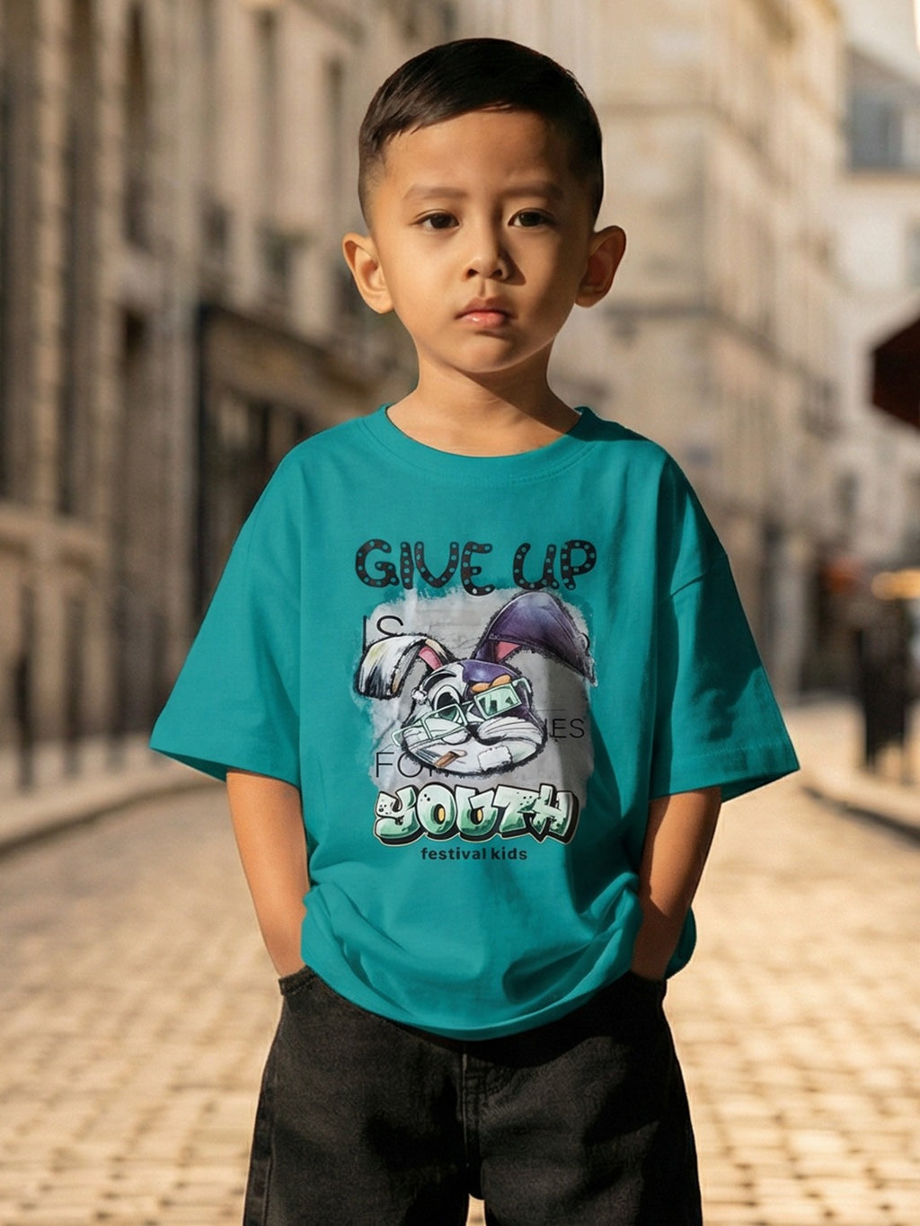 CODEZ Boys Teal Green Graphic Print Relaxed Fit Drop Shoulder T-Shirt