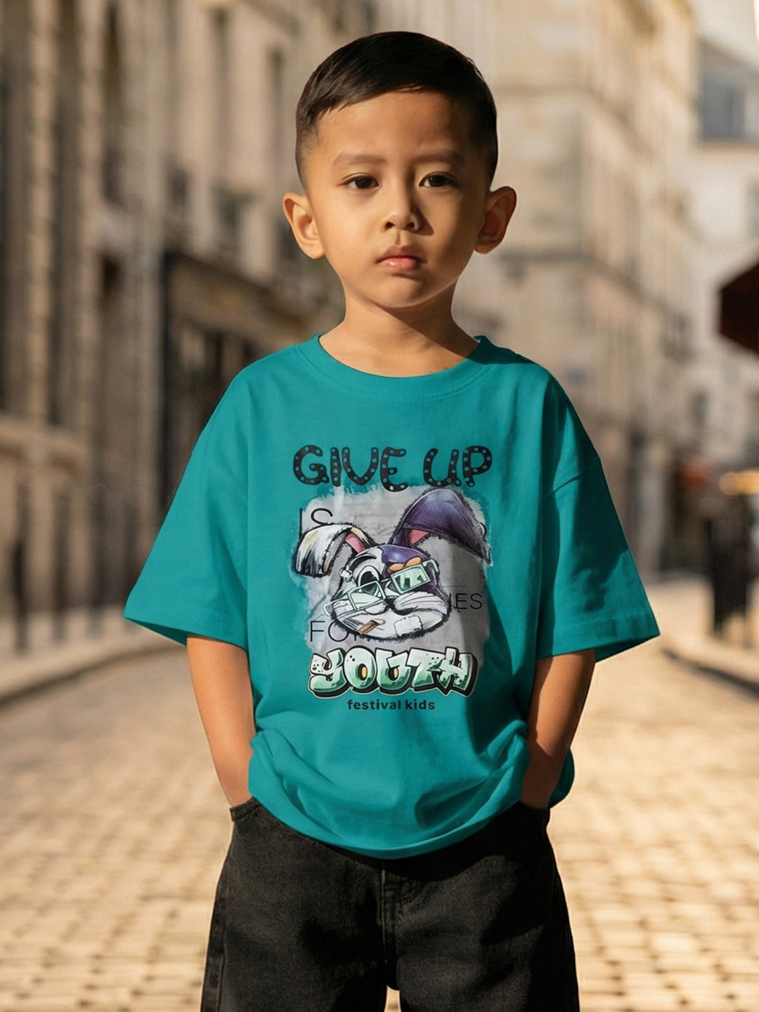 CODEZ Boys Teal Green Graphic Print Relaxed Fit Drop Shoulder T-Shirt