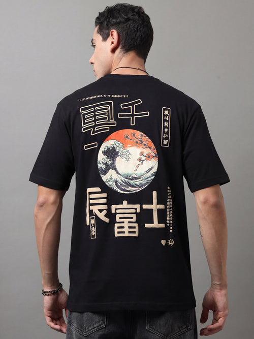 ARDEUR Men Graphic Printed Relaxed Fit Drop Shoulder T-Shirt - Black