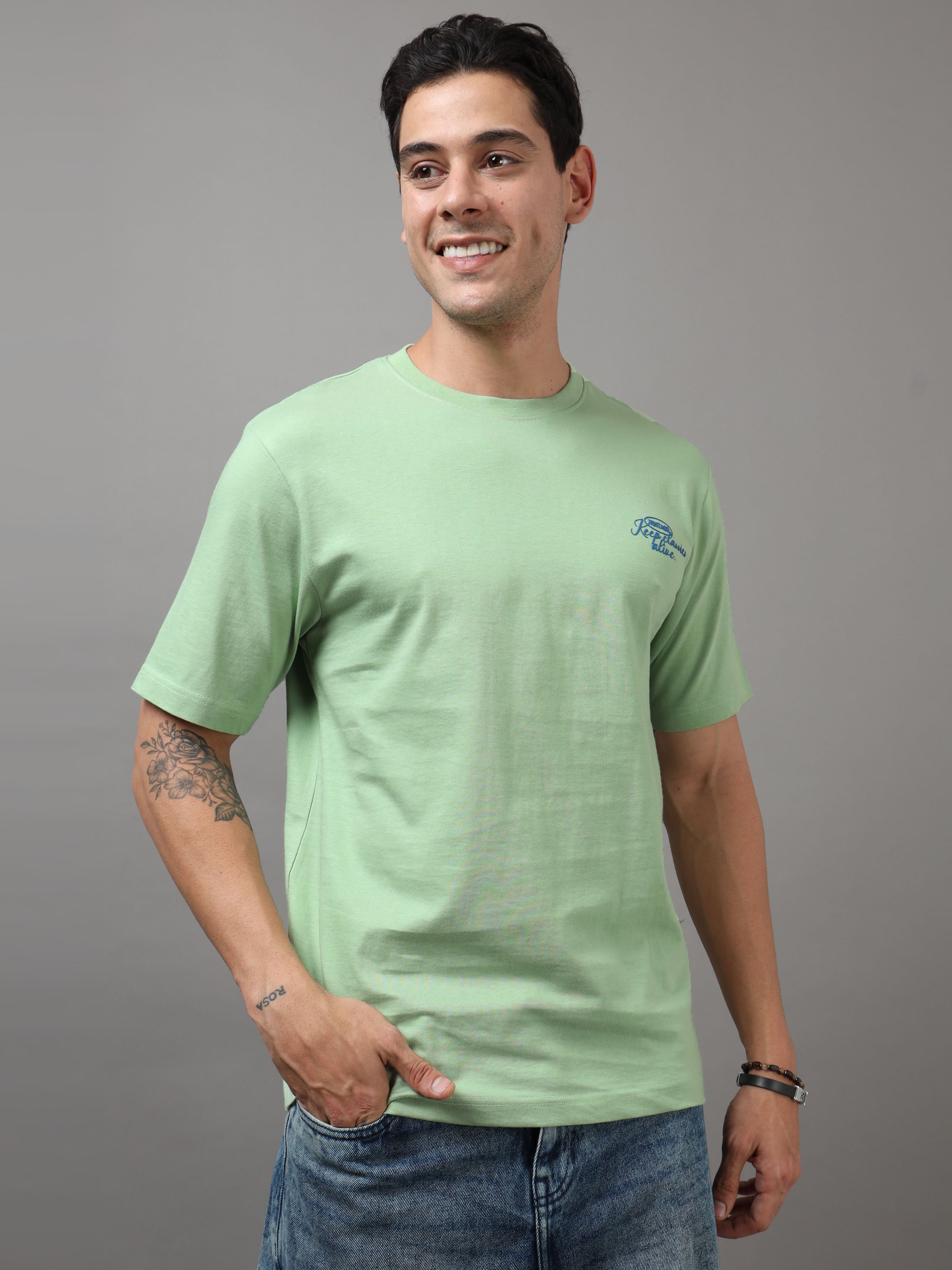 ARDEUR Men Graphic Printed Relaxed Fit Drop Shoulder T-Shirt - Light Green