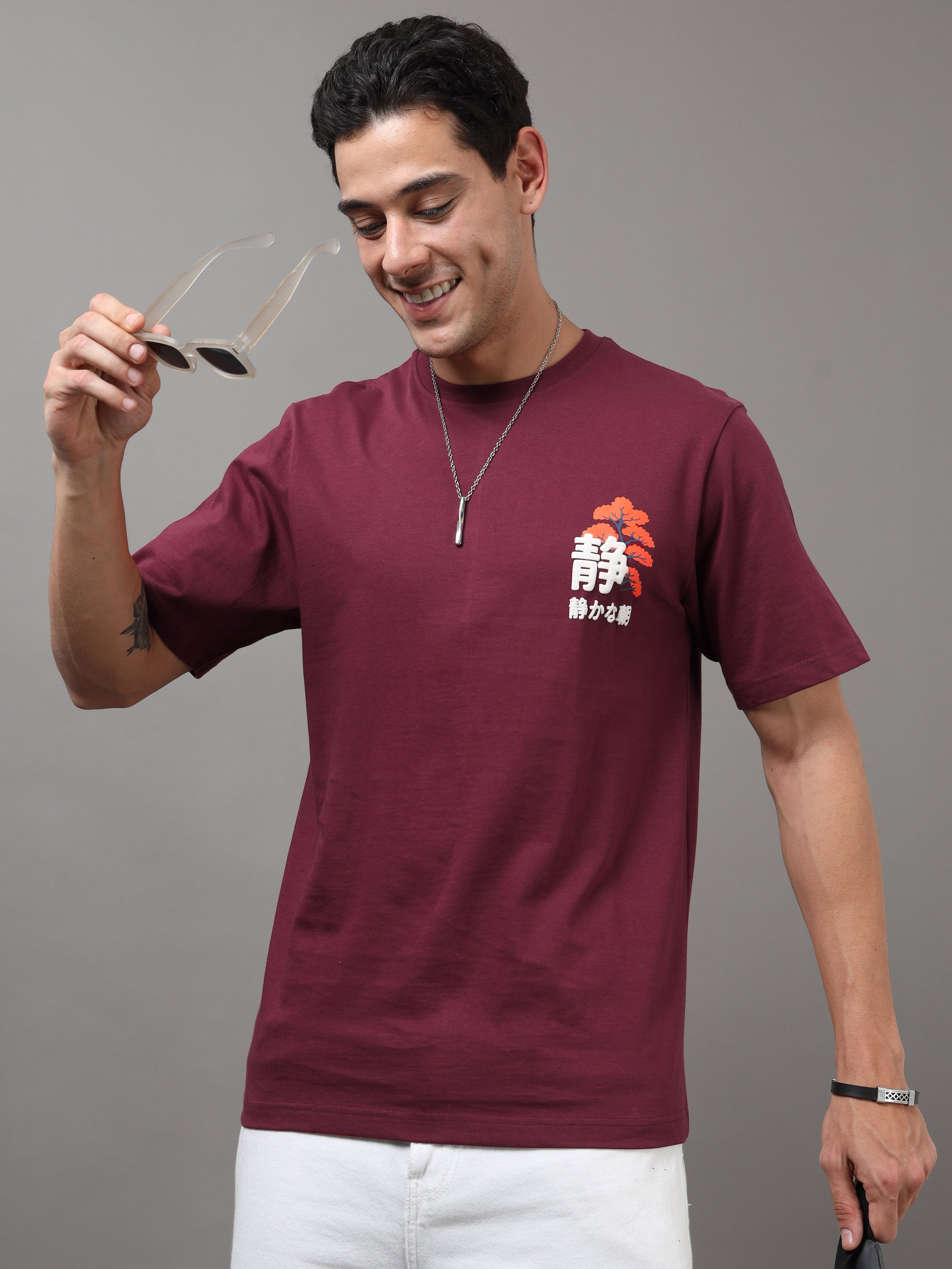 ARDEUR Men Printed Relaxed Fit Drop Shoulder T-Shirt - Maroon