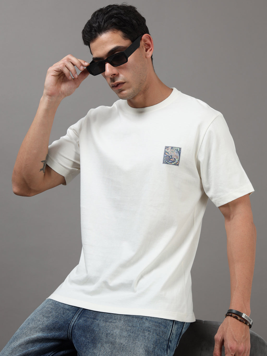 ARDEUR Men Graphic Printed Relaxed Fit Drop Shoulder T-Shirt - Off White
