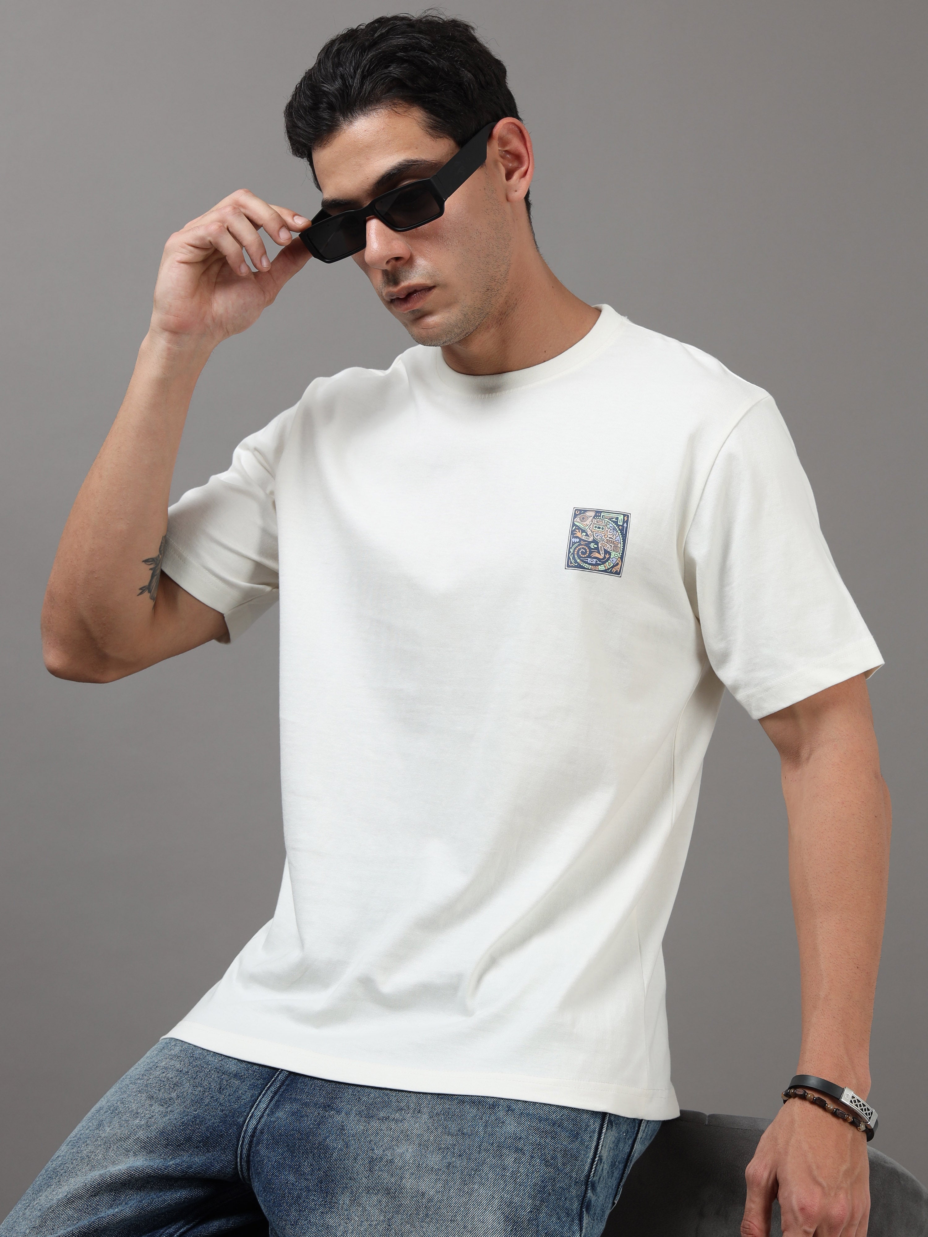 ARDEUR Men Graphic Printed Relaxed Fit Drop Shoulder T-Shirt - Off White