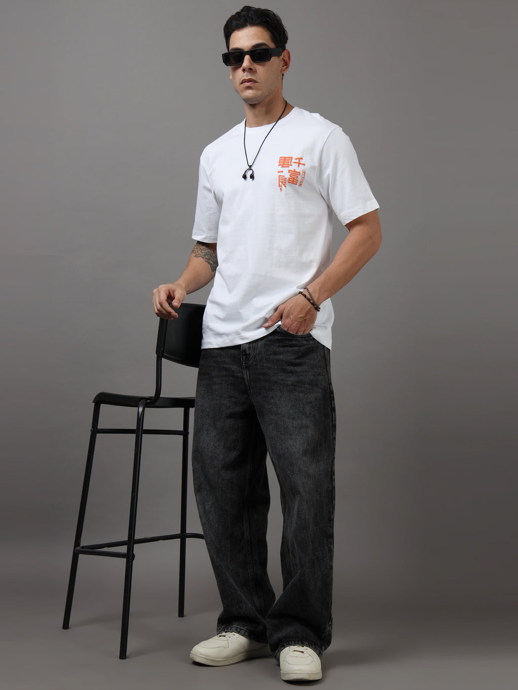 ARDEUR Men Graphic Printed Relaxed Fit Drop Shoulder T-Shirt - White