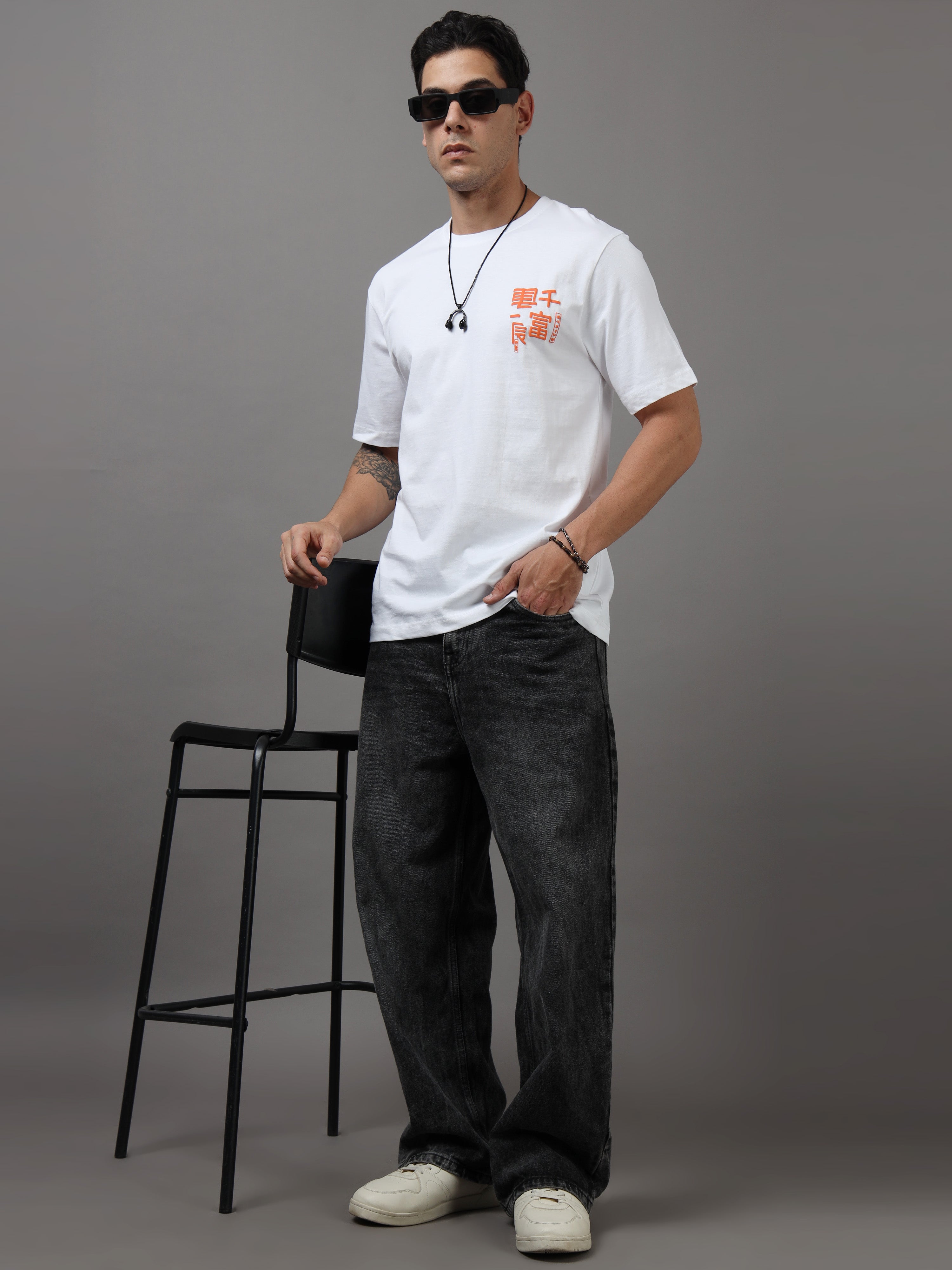 ARDEUR Men Graphic Printed Relaxed Fit Drop Shoulder T-Shirt - White