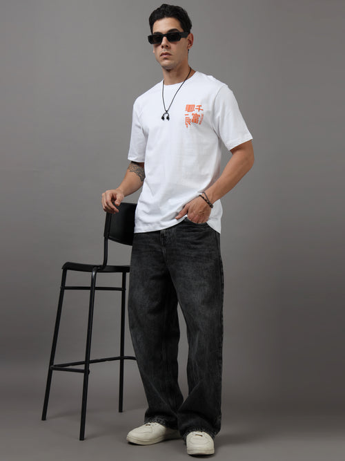 ARDEUR Men Graphic Printed Relaxed Fit Drop Shoulder T-Shirt - White