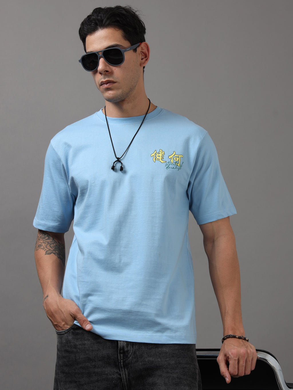 ARDEUR Men Graphic Printed Relaxed Fit Drop Shoulder T-Shirt - Sky Blue-2