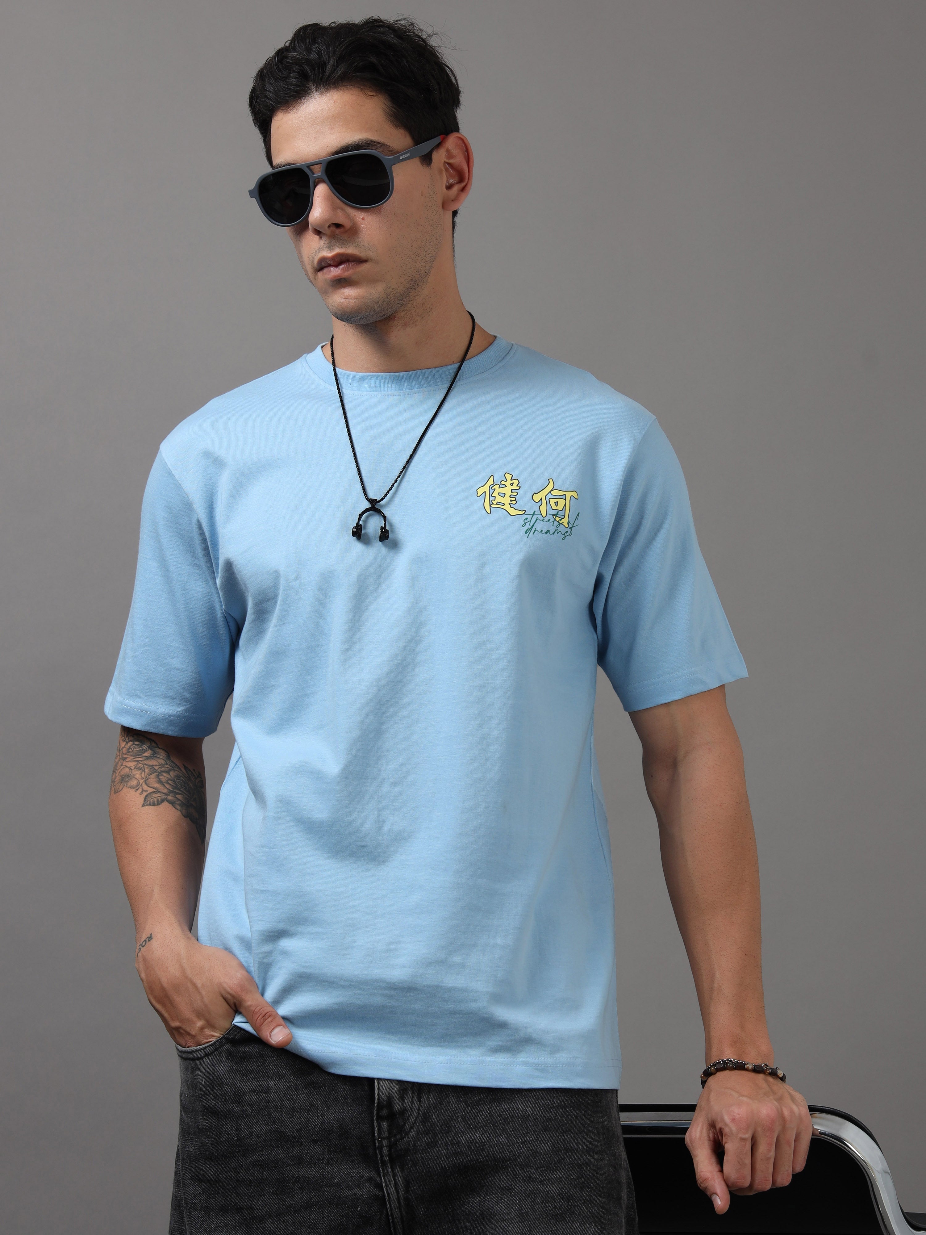 ARDEUR Men Graphic Printed Relaxed Fit Drop Shoulder T-Shirt - Sky Blue-2