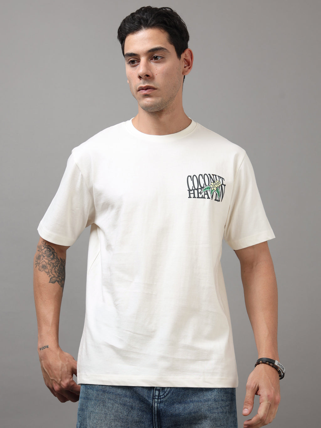 ARDEUR Men Printed Relaxed Fit Drop Shoulder T-Shirt - Off White