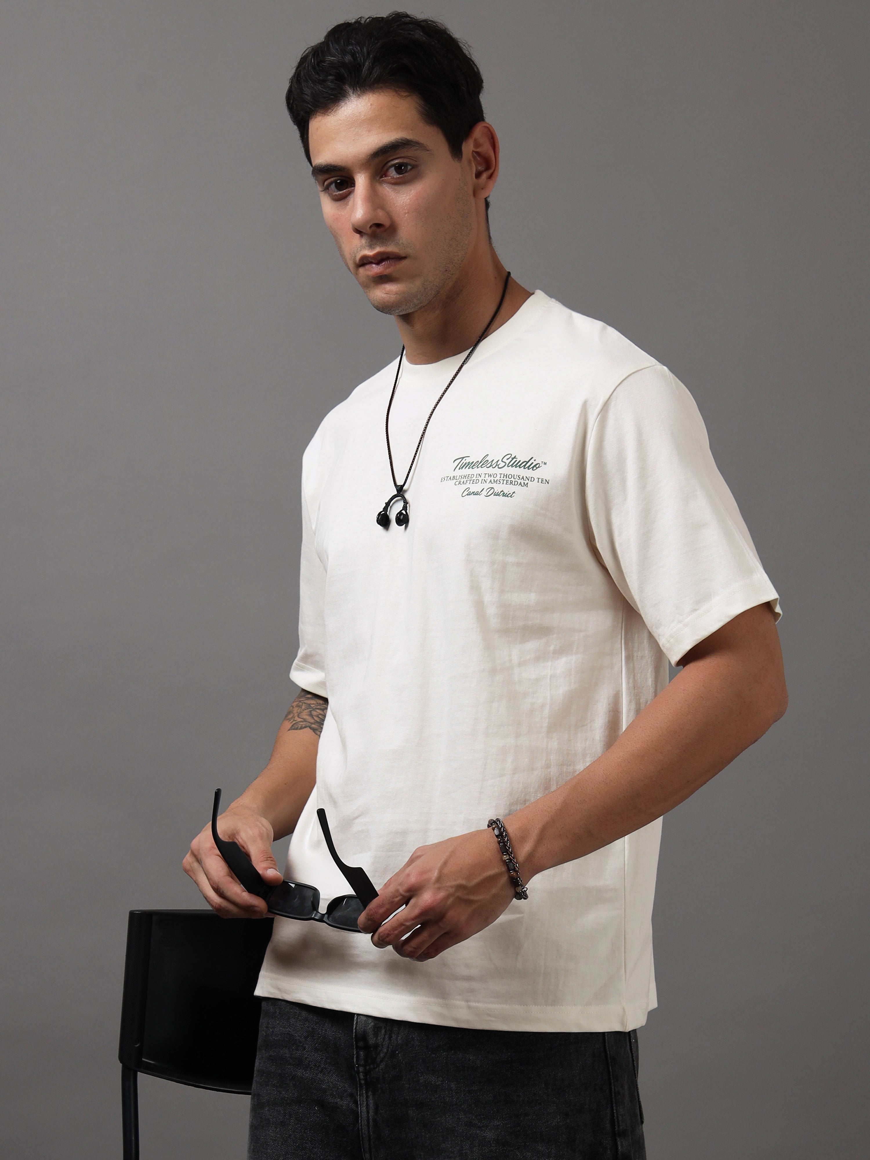 ARDEUR Men Graphic Printed Relaxed Fit Drop Shoulder T-Shirt - Off White-3