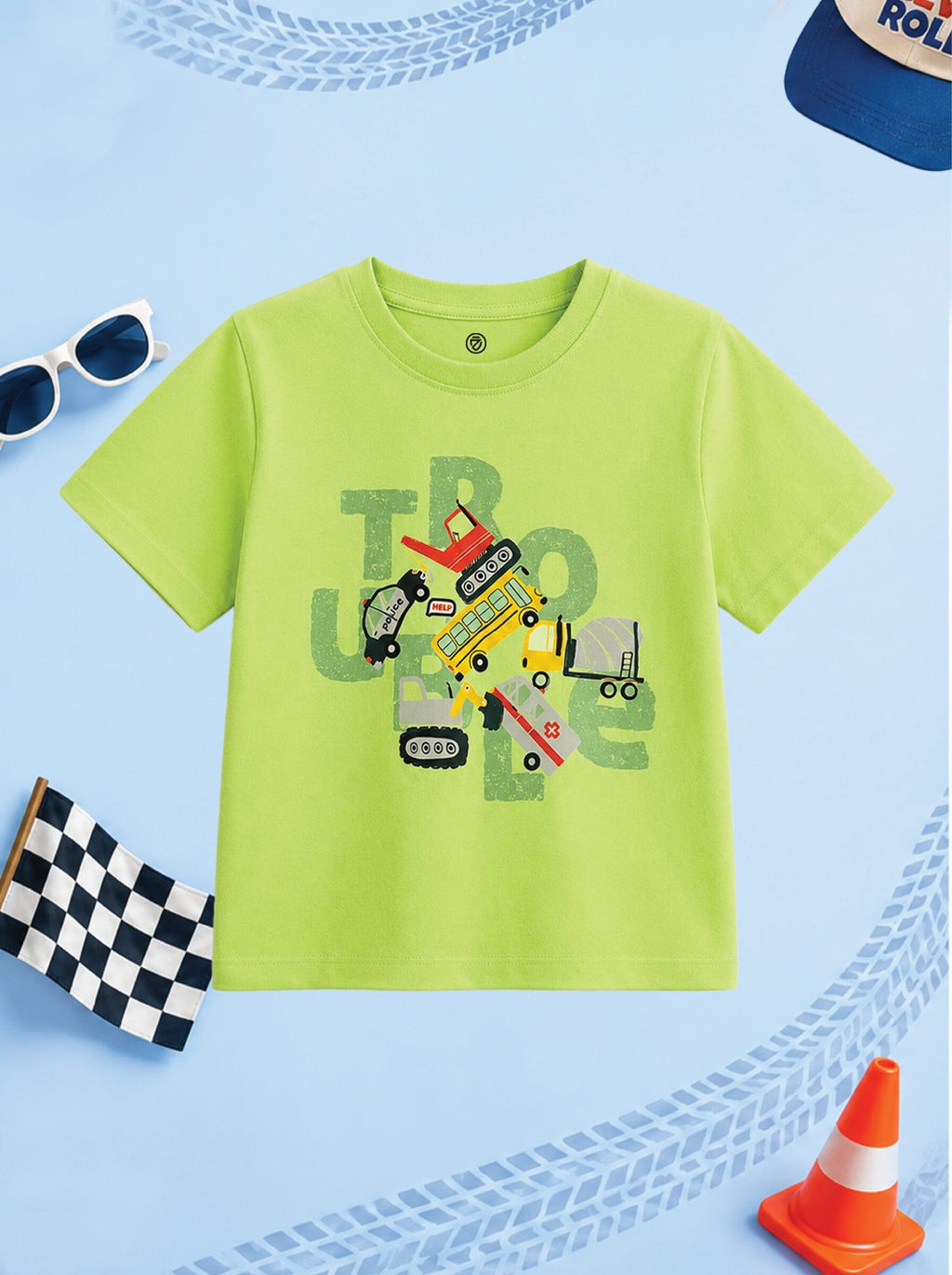 CODEZ Boys Green Glow Pure Cotton Trouble Vehicles Graphic Relaxed Fit T-Shirt