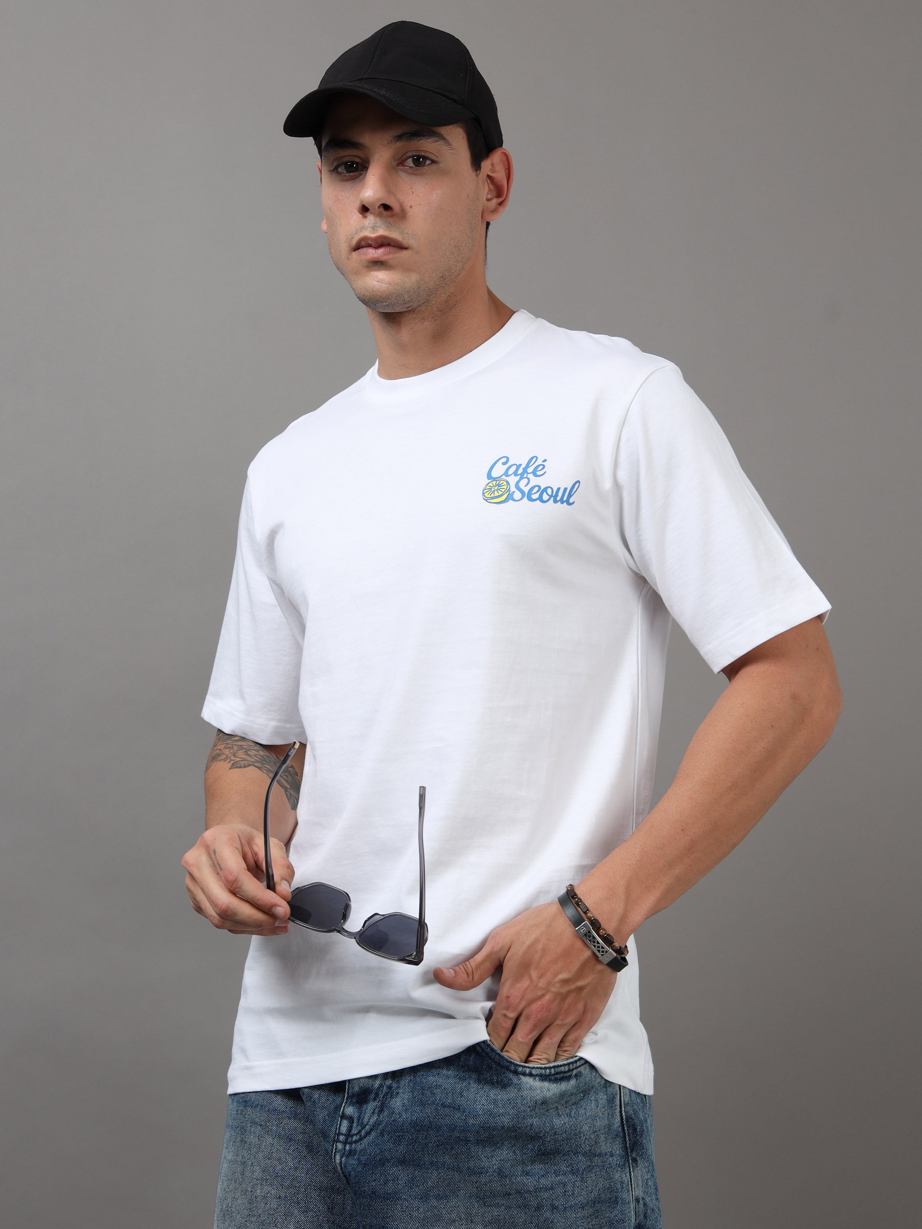 ARDEUR Men Printed Relaxed Fit Drop Shoulder T-Shirt - White