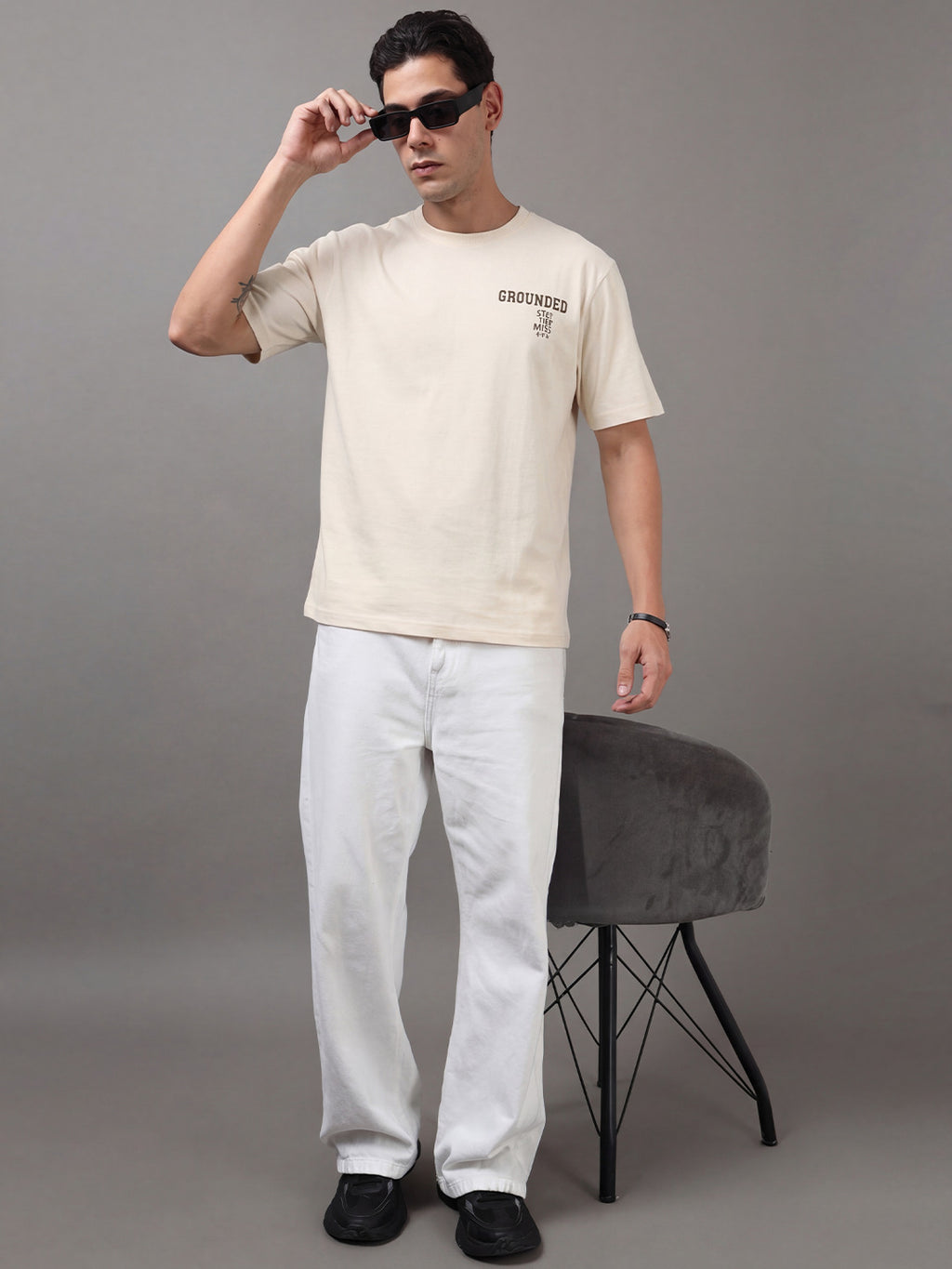 ARDEUR Men Printed Relaxed Fit Drop Shoulder T-Shirt - Off White-3