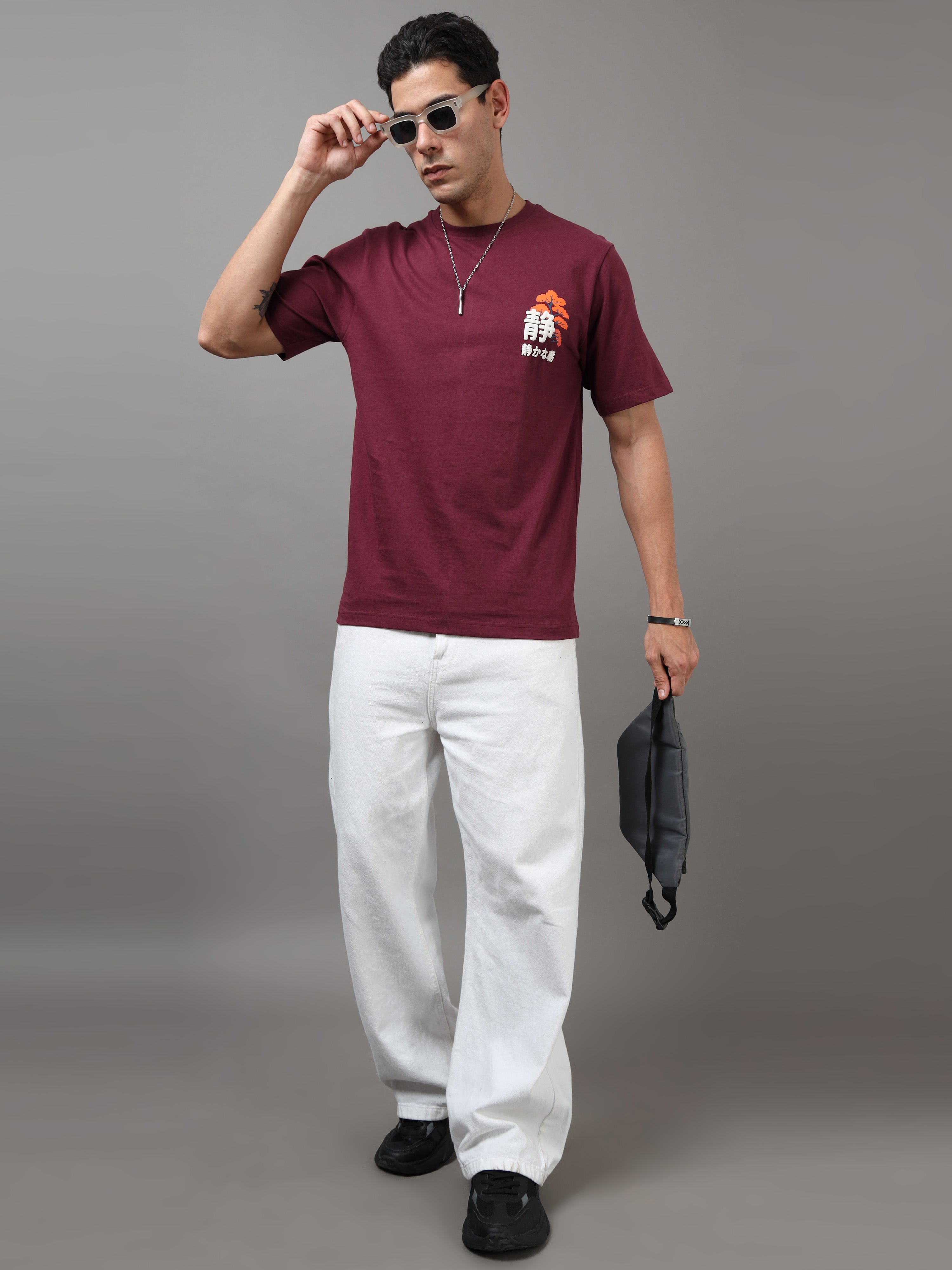 ARDEUR Men Printed Relaxed Fit Drop Shoulder T-Shirt - Maroon