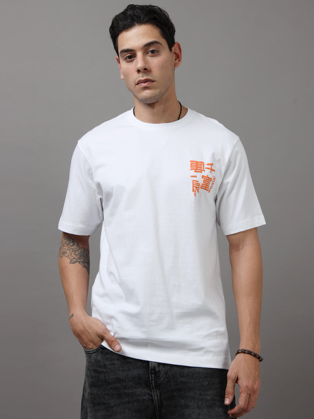 ARDEUR Men Graphic Printed Relaxed Fit Drop Shoulder T-Shirt - White