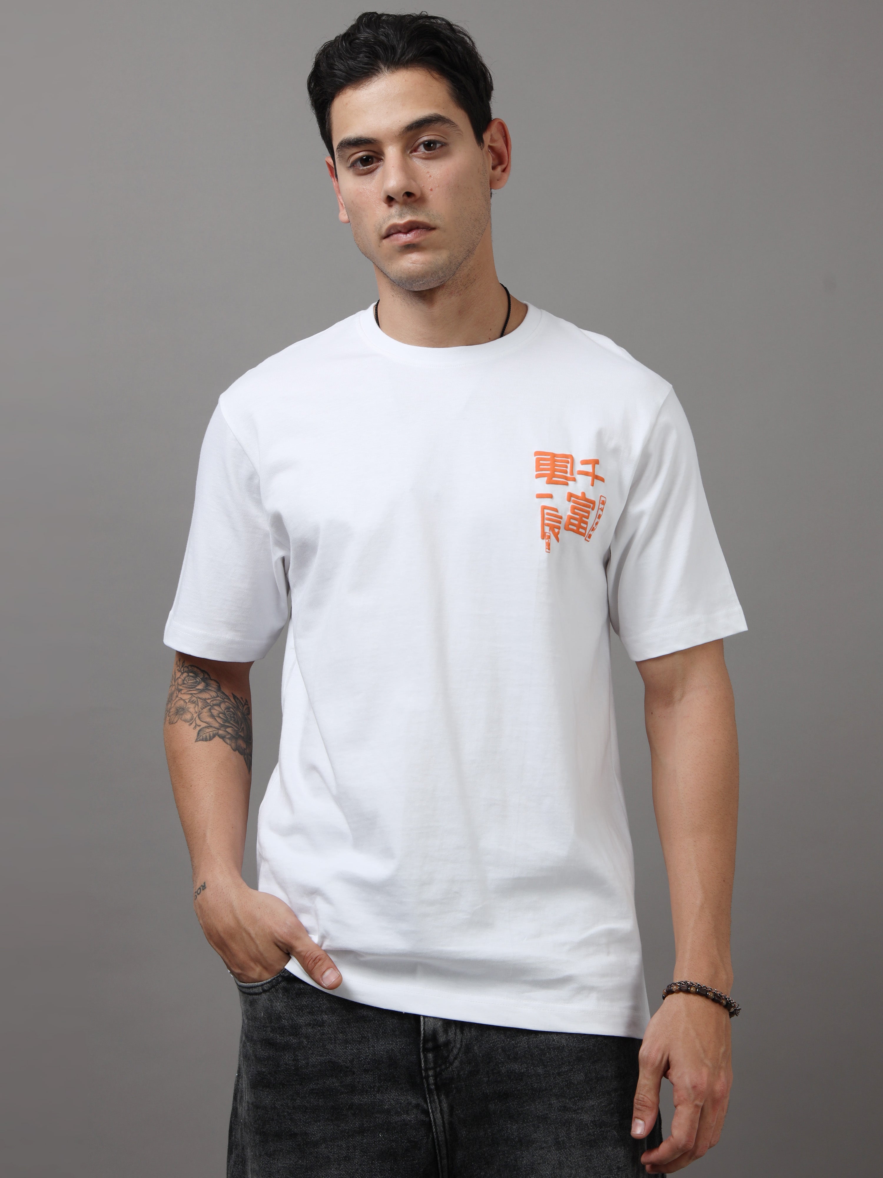 ARDEUR Men Graphic Printed Relaxed Fit Drop Shoulder T-Shirt - White