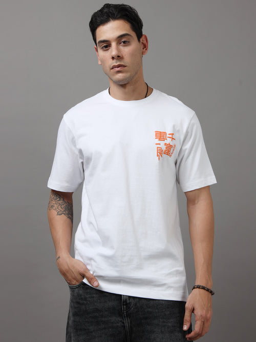 ARDEUR Men Graphic Printed Relaxed Fit Drop Shoulder T-Shirt - White