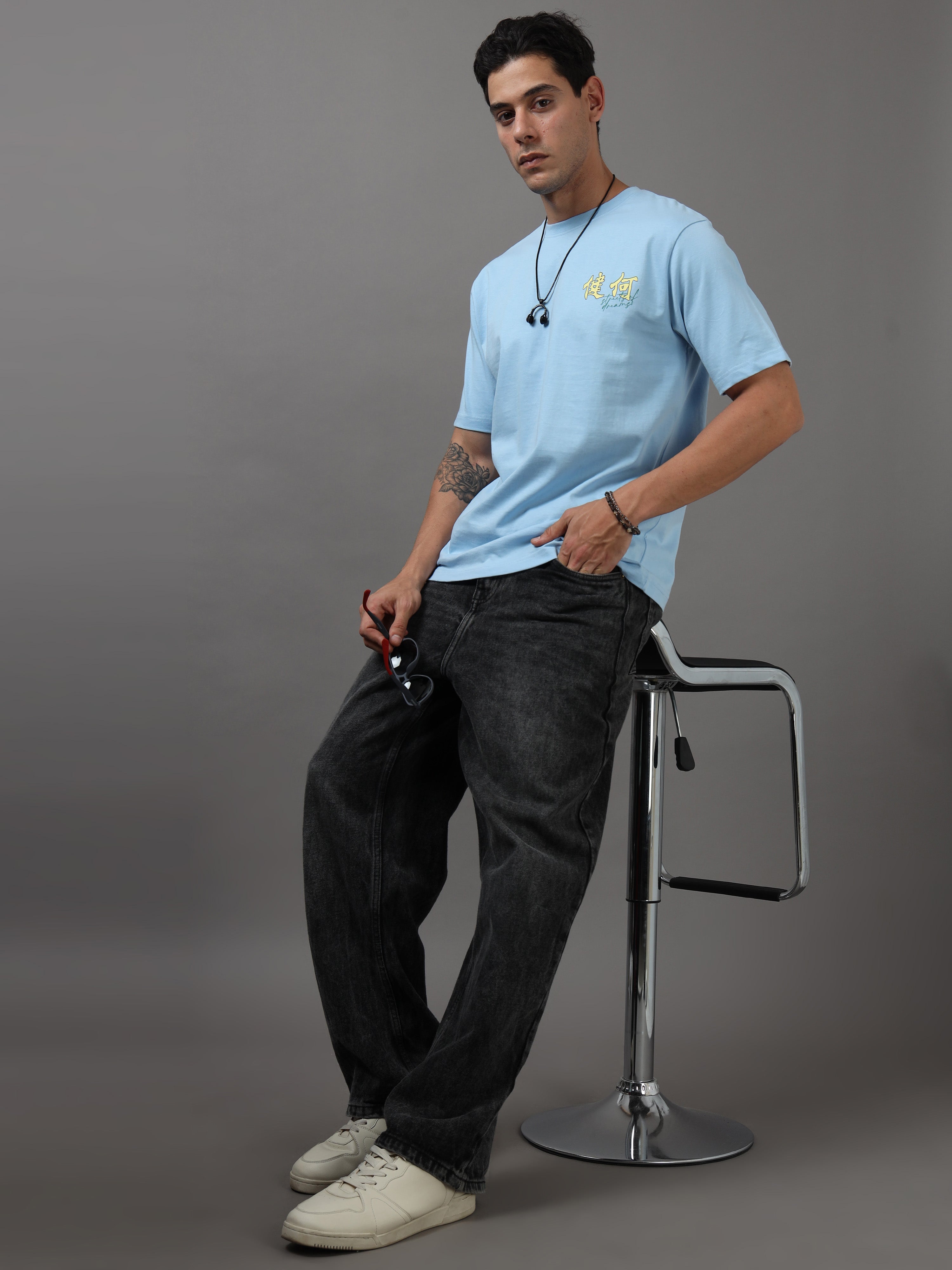 ARDEUR Men Graphic Printed Relaxed Fit Drop Shoulder T-Shirt - Sky Blue-2