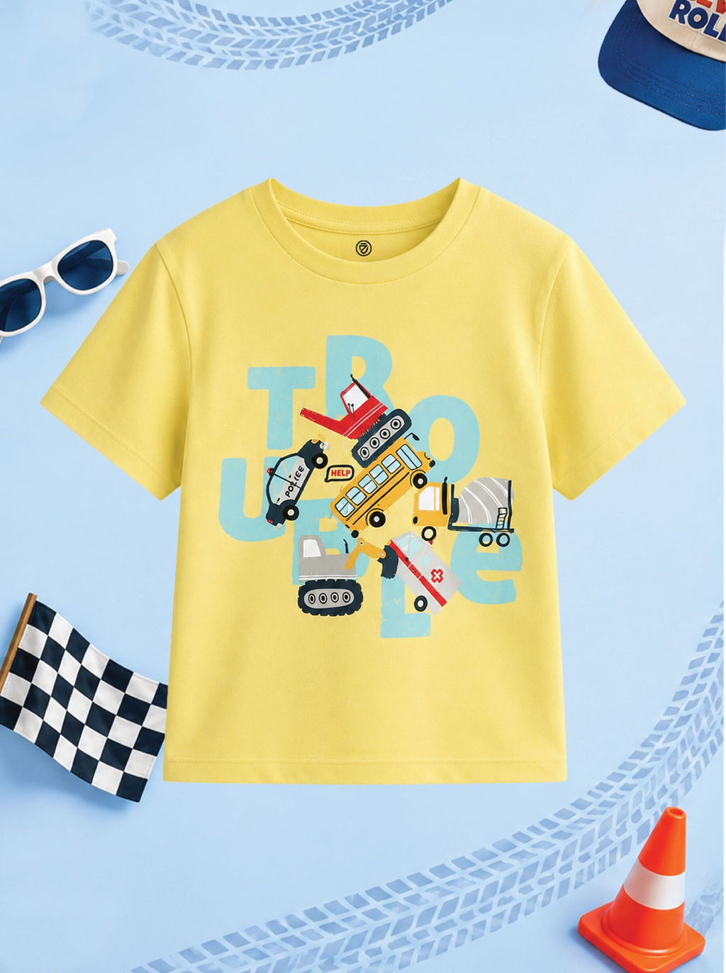 CODEZ Boys Lemon Drop Pure Cotton Trouble Vehicles Graphic Relaxed Fit T-Shirt
