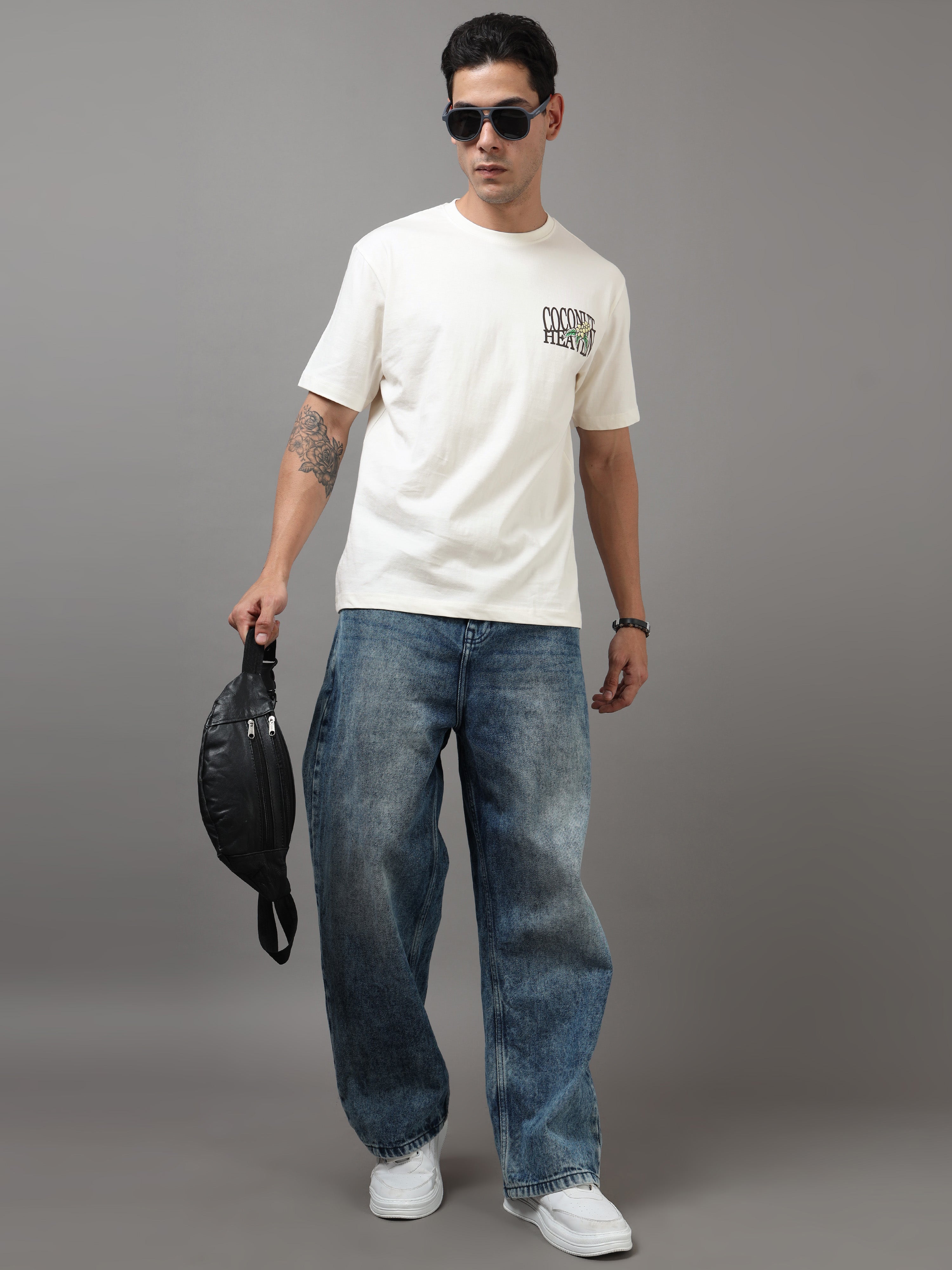 ARDEUR Men Printed Relaxed Fit Drop Shoulder T-Shirt - Off White