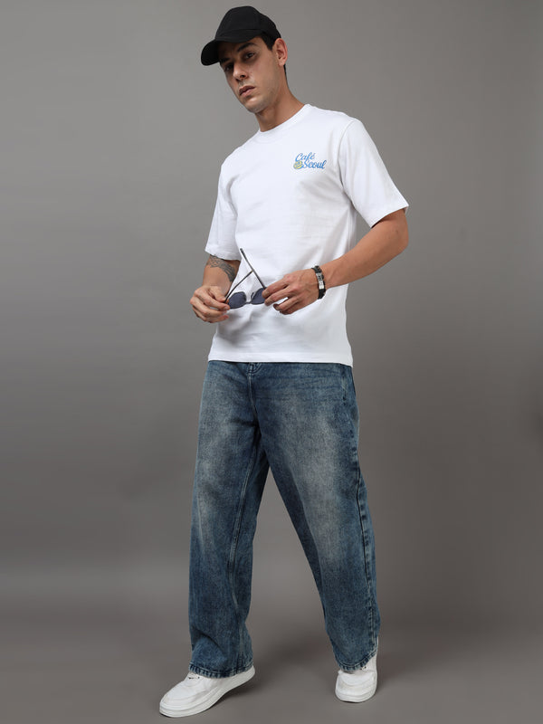 ARDEUR Men Printed Relaxed Fit Drop Shoulder T-Shirt - White