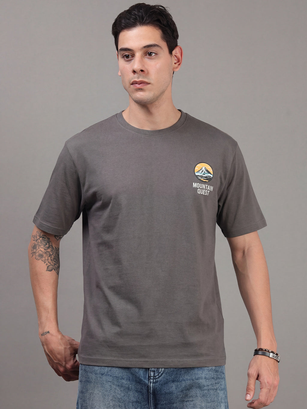 ARDEUR Men Printed Relaxed Fit Drop Shoulder T-Shirt - Grey