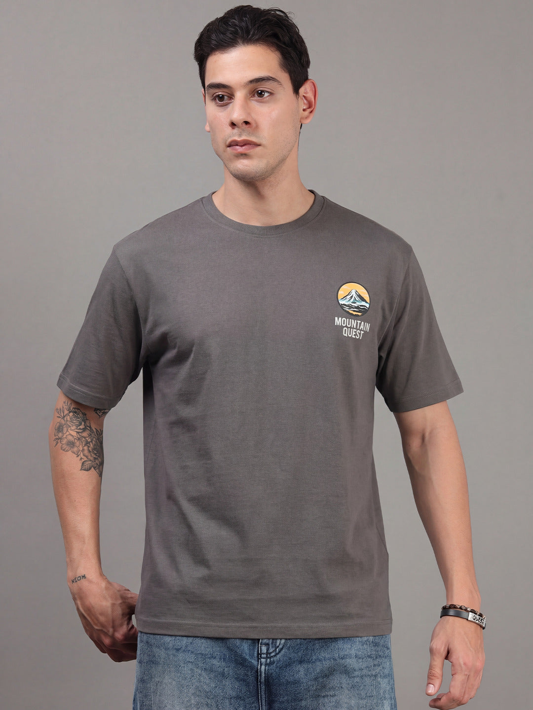 ARDEUR Men Printed Relaxed Fit Drop Shoulder T-Shirt - Grey