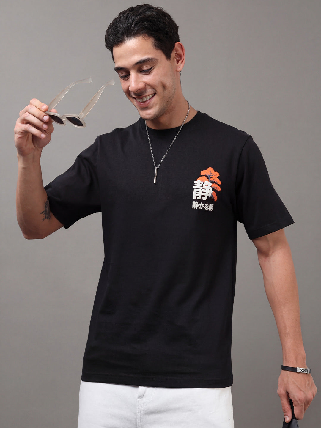 ARDEUR Men Printed Relaxed Fit Drop Shoulder T-Shirt - Black