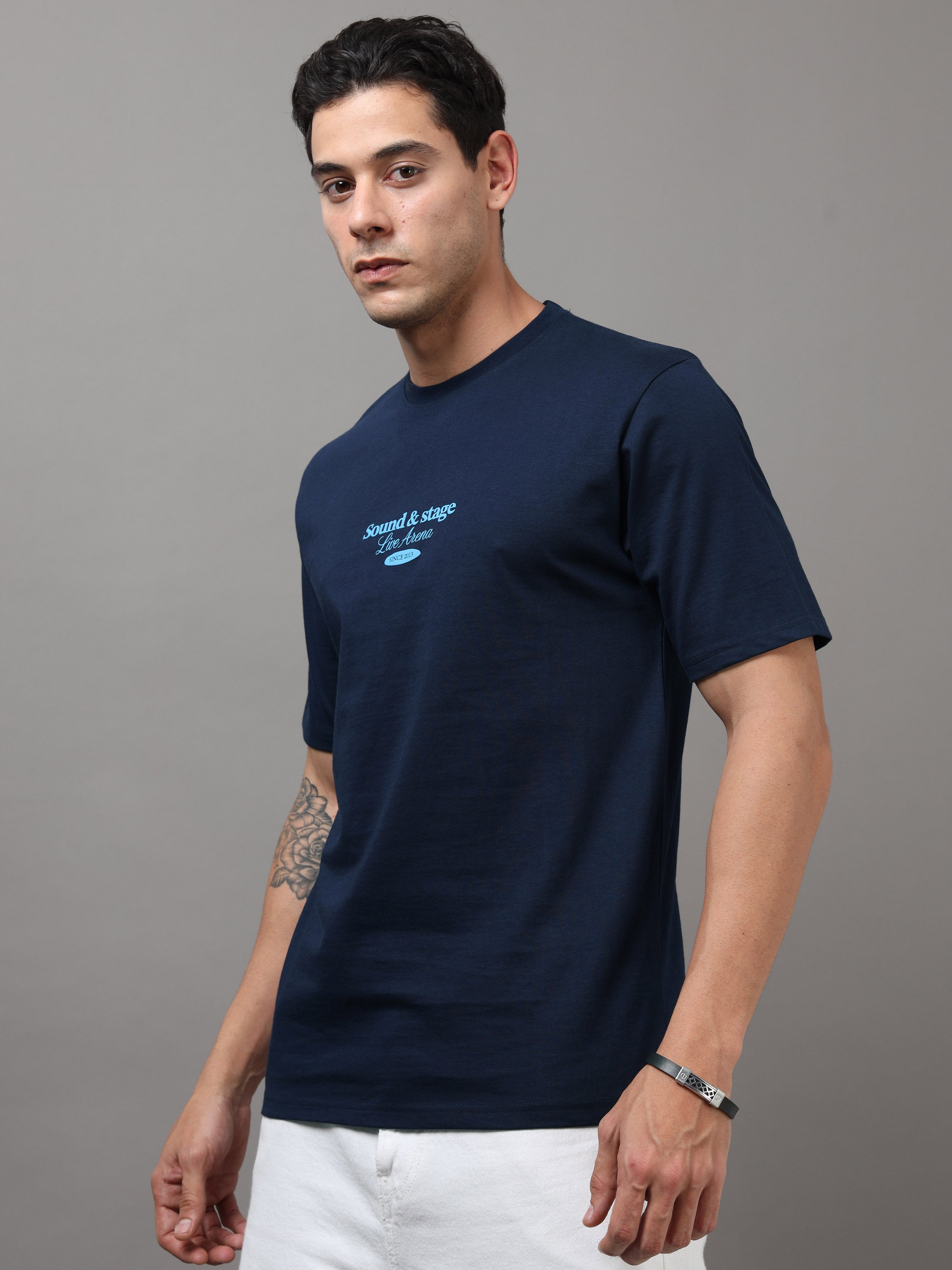 ARDEUR Men Graphic Printed Relaxed Fit Drop Shoulder T-Shirt - Navy