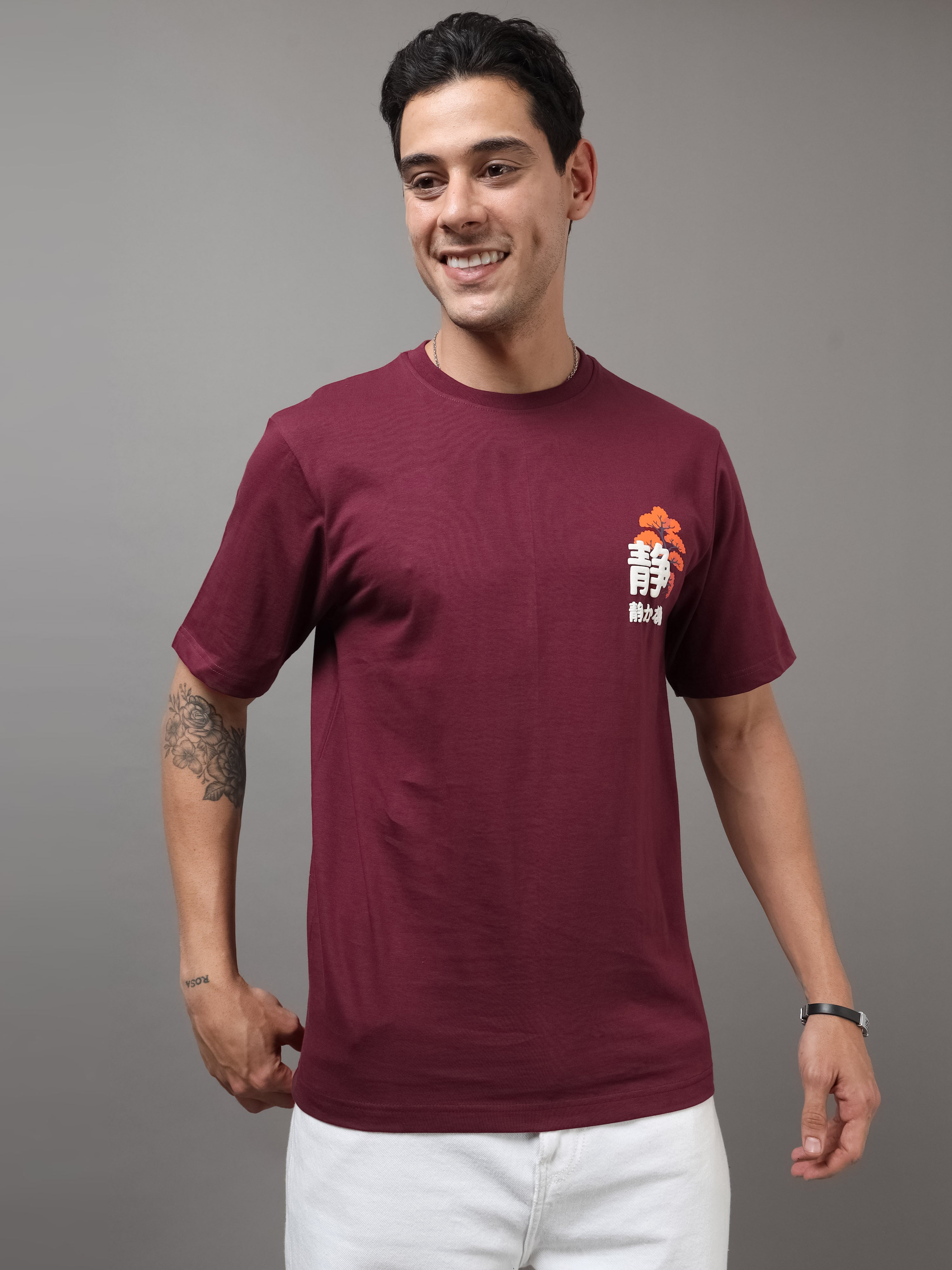 ARDEUR Men Printed Relaxed Fit Drop Shoulder T-Shirt - Maroon