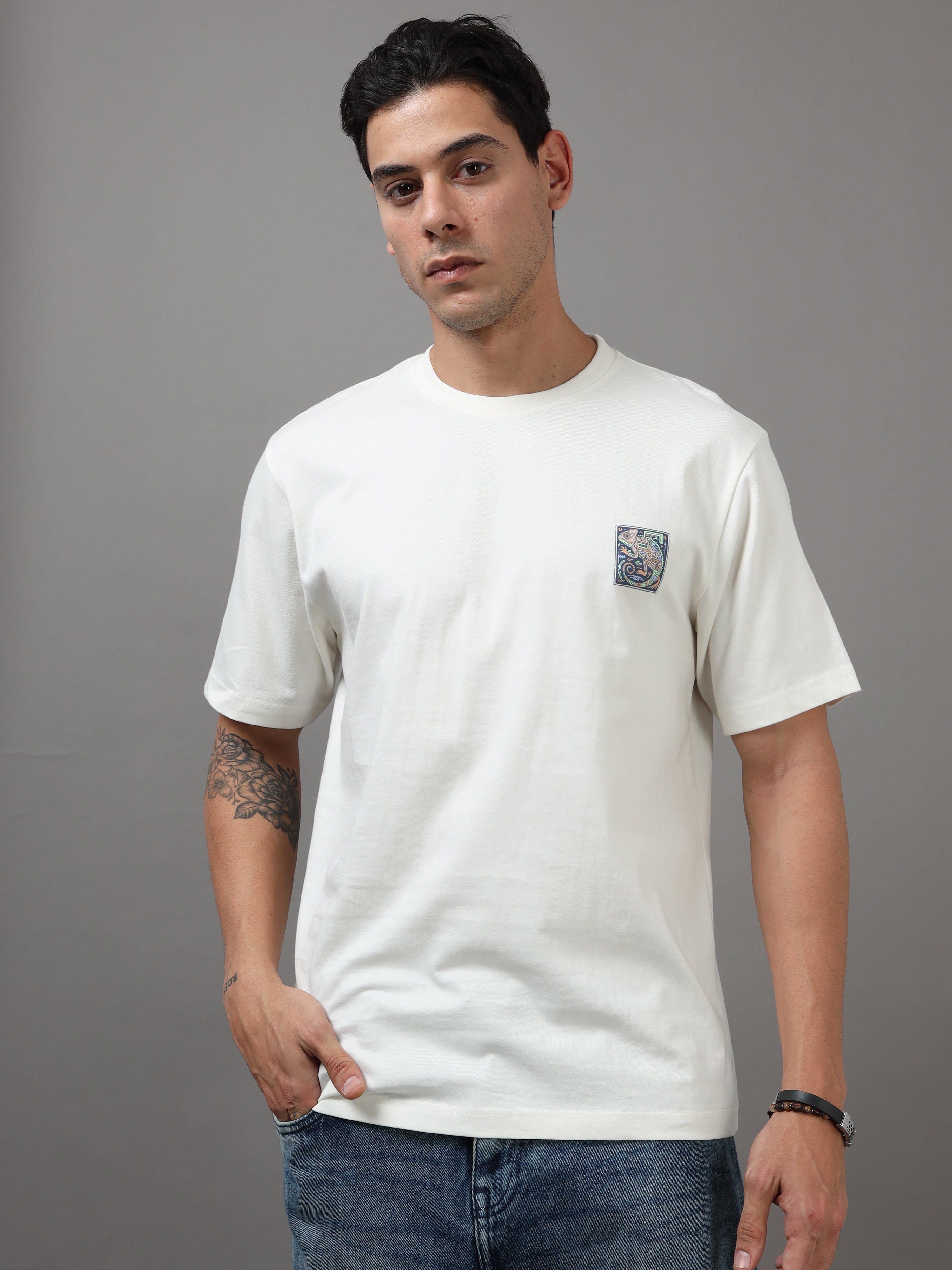 ARDEUR Men Graphic Printed Relaxed Fit Drop Shoulder T-Shirt - Off White