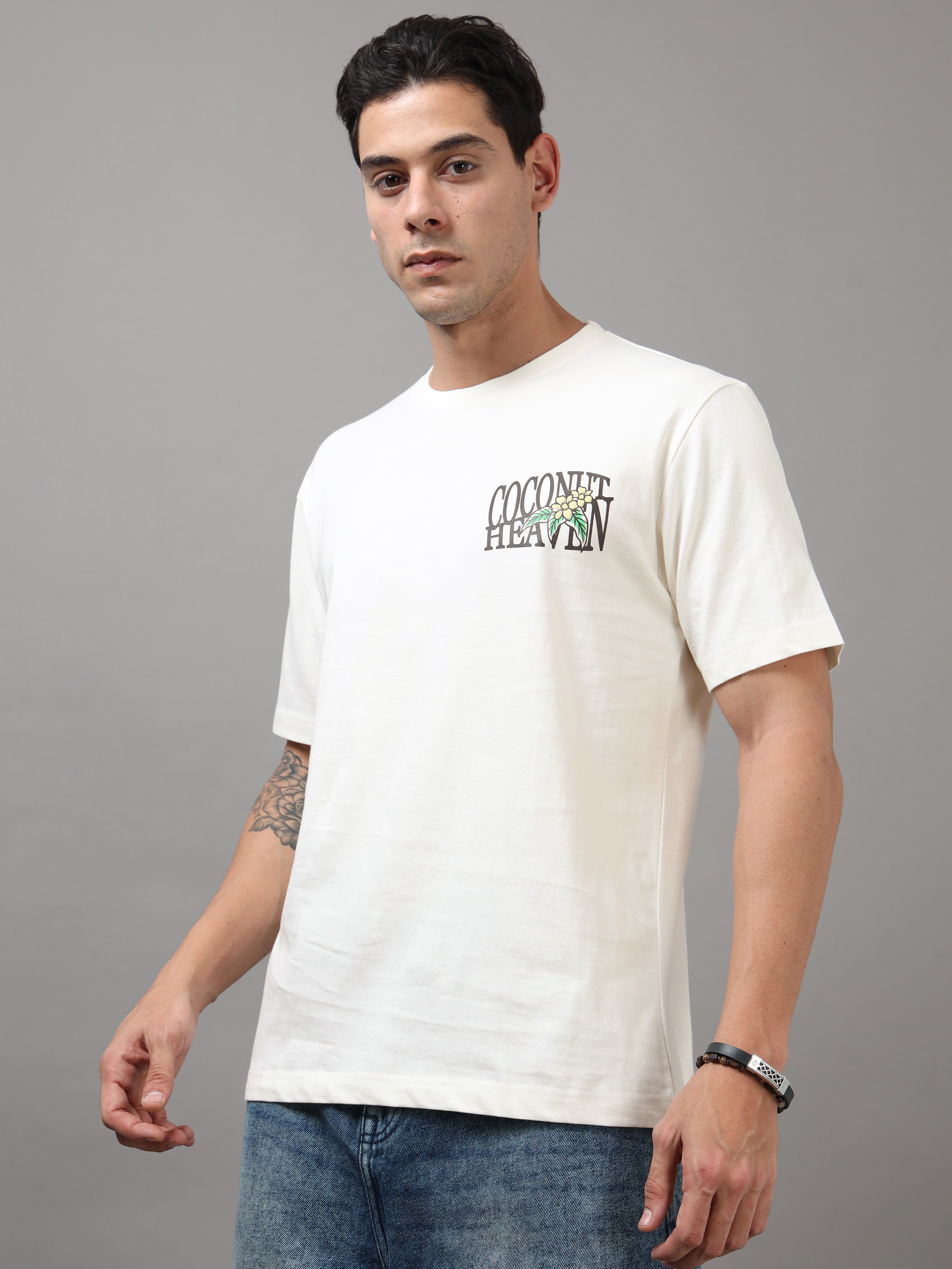 ARDEUR Men Printed Relaxed Fit Drop Shoulder T-Shirt - Off White