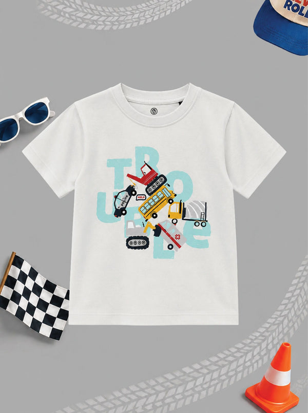 CODEZ Boys White Pure Cotton Trouble Vehicles Graphic Relaxed Fit T-Shirt