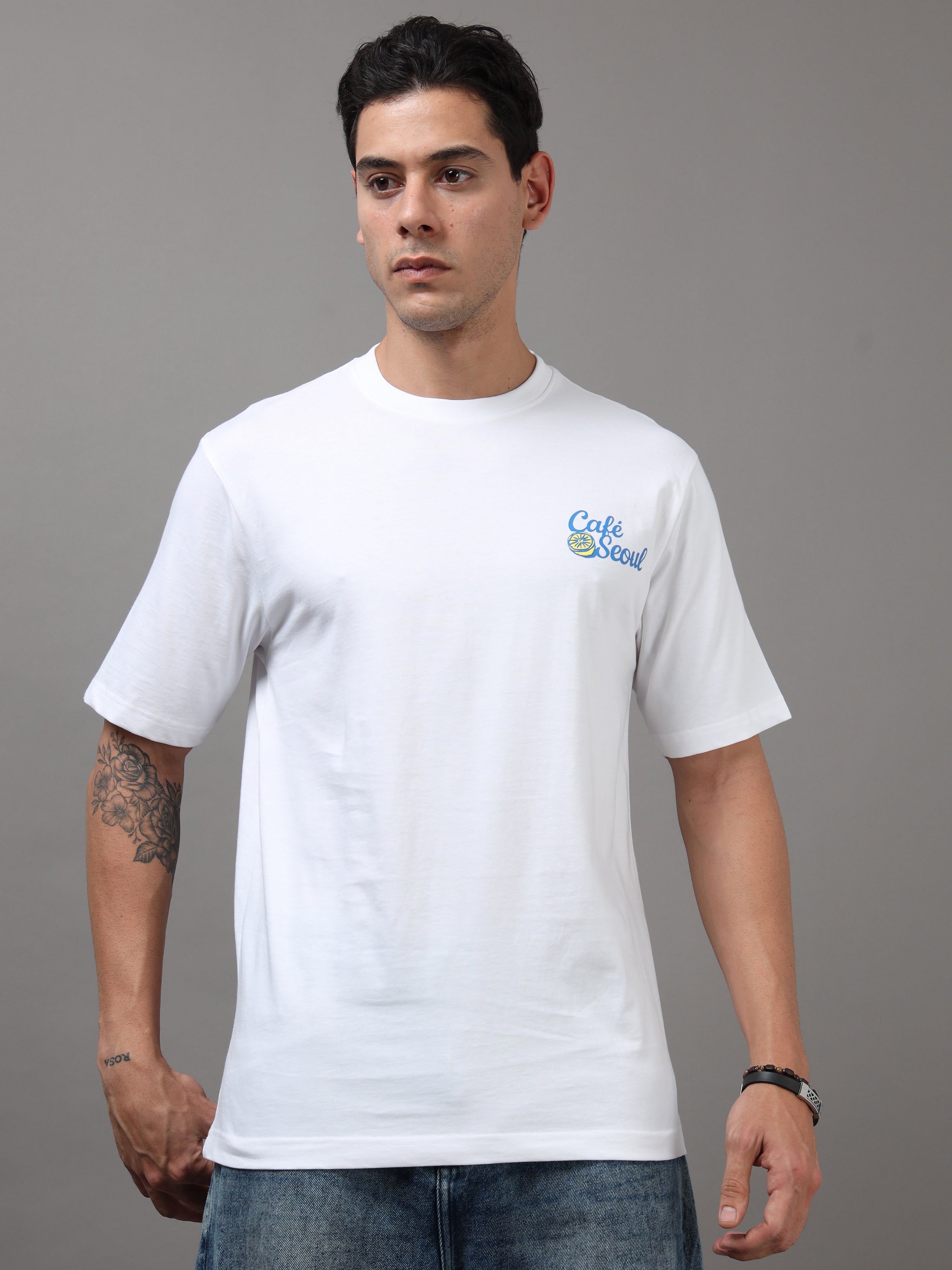 ARDEUR Men Printed Relaxed Fit Drop Shoulder T-Shirt - White
